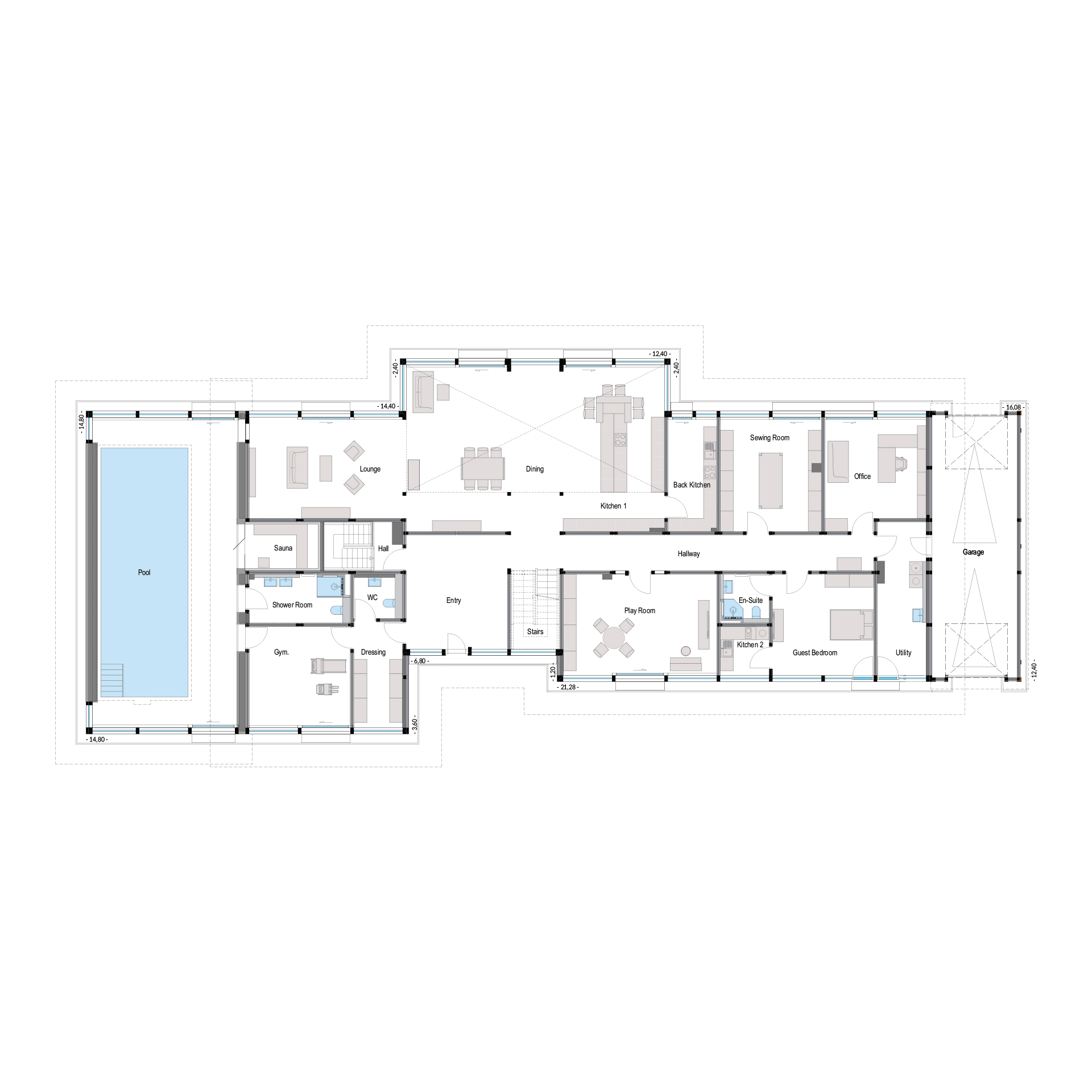 HUF Architektenhaus mit Flachdach und Pool Grundriss einer modernen weißen Villa mit Pool und großzügigem Layout