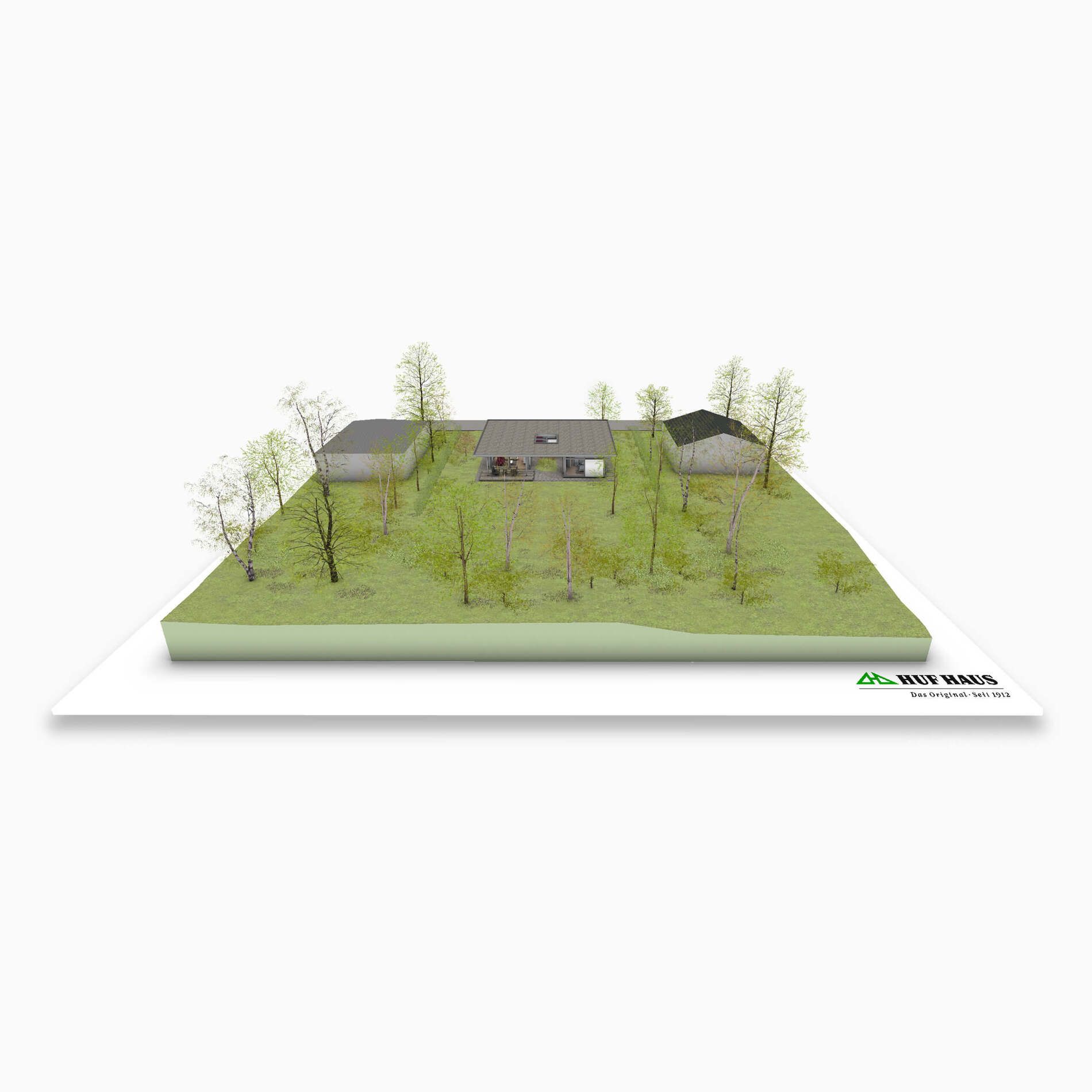 Atriumhaus im Fachwerkstil von HUF Modell eines Atriumhauses mit grüner Umgebung und Bäumen