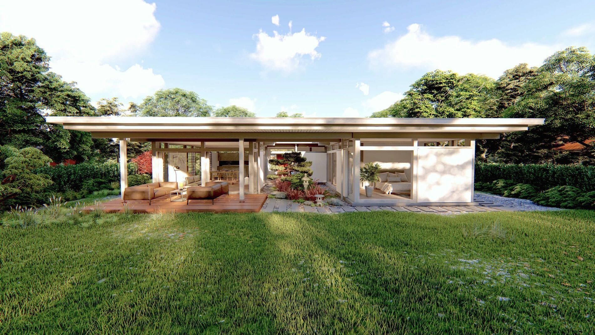 Modernes Atriumhaus im Fachwerkstil von HUF Futuristisches Atriumhaus mit Holzverkleidung und Gartenlandschaft