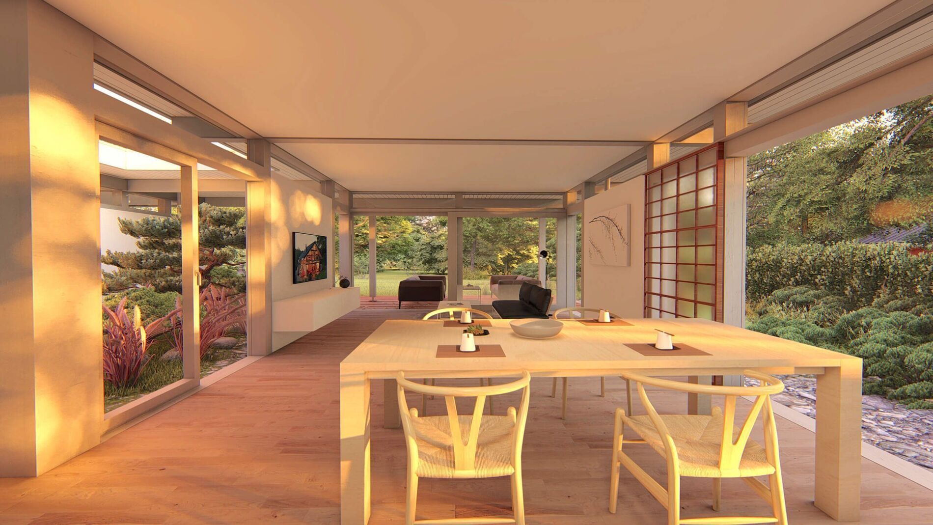 HUF Fachwerk Atriumhaus Innenansicht Moderne Essbereich mit Holztisch und Blick in den Garten