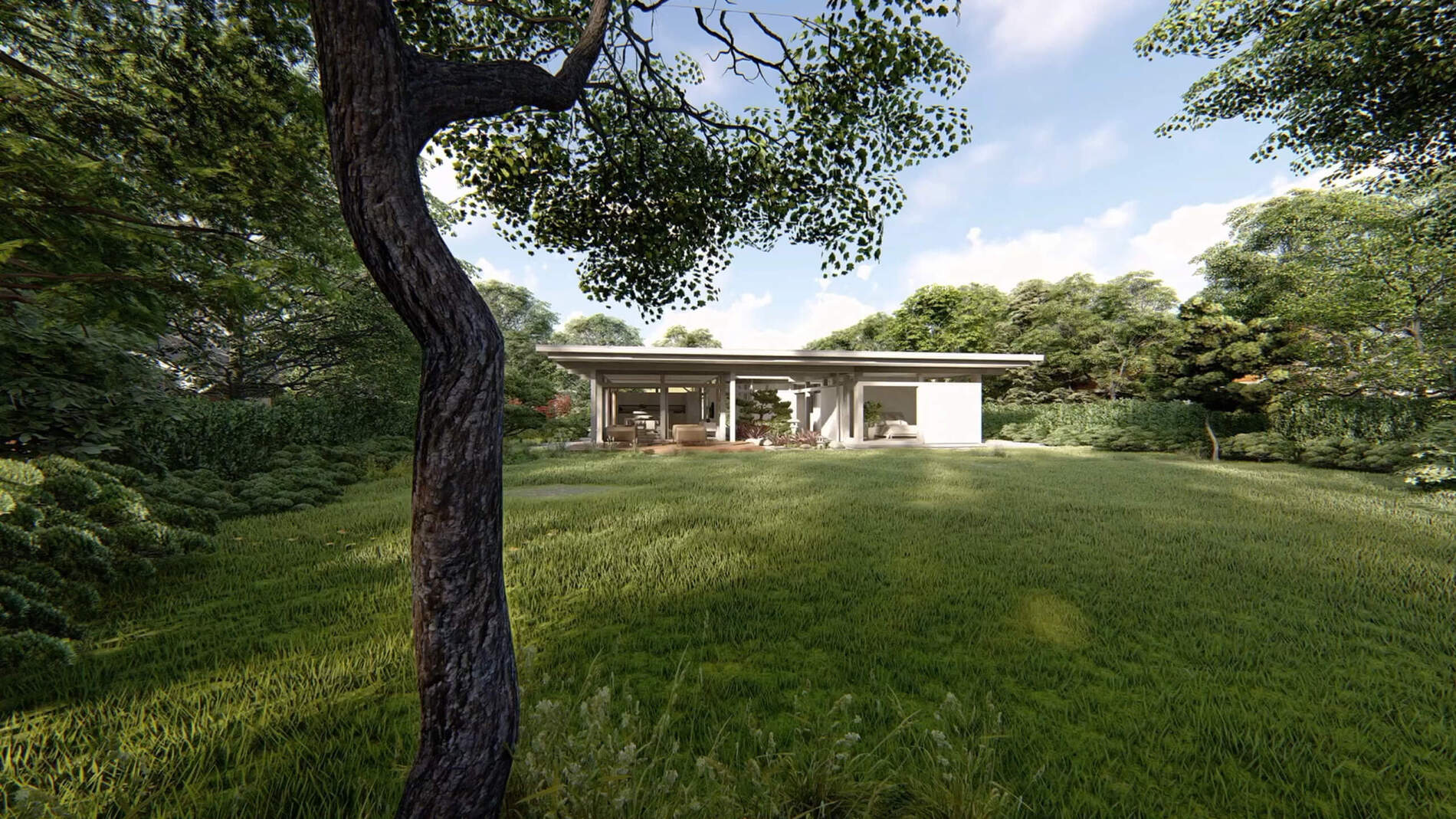 Atriumhaus im Fachwerkstil von HUF Moderne Architektur mit großflächigen Fensterfronten und Gartenlandschaft