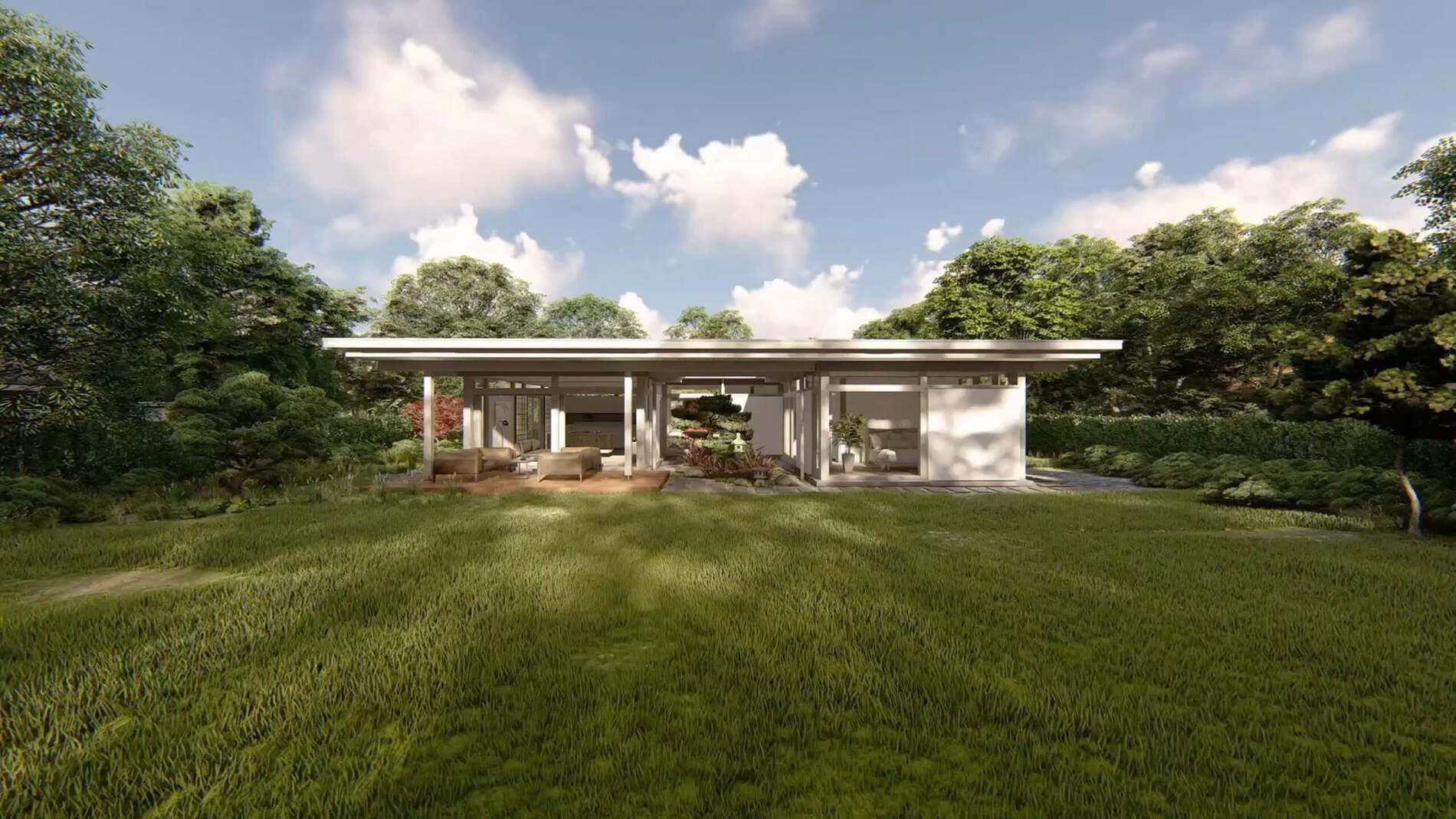 Atriumhaus im modernen Fachwerkstil von HUF Moderne Architektur eines Atriumhauses mit großzügigem Garten