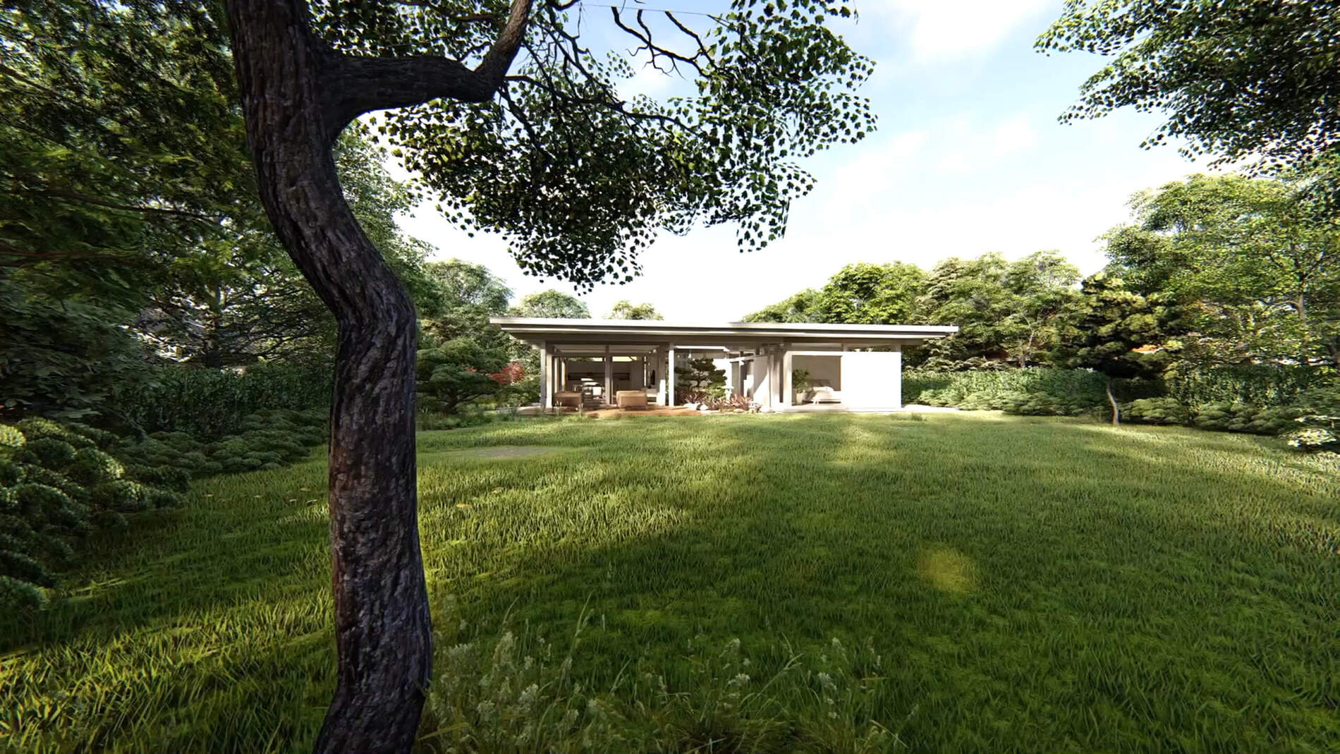 Atriumhaus im Fachwerkstil von HUF Modernes Atriumhaus inmitten einer grünen Landschaft