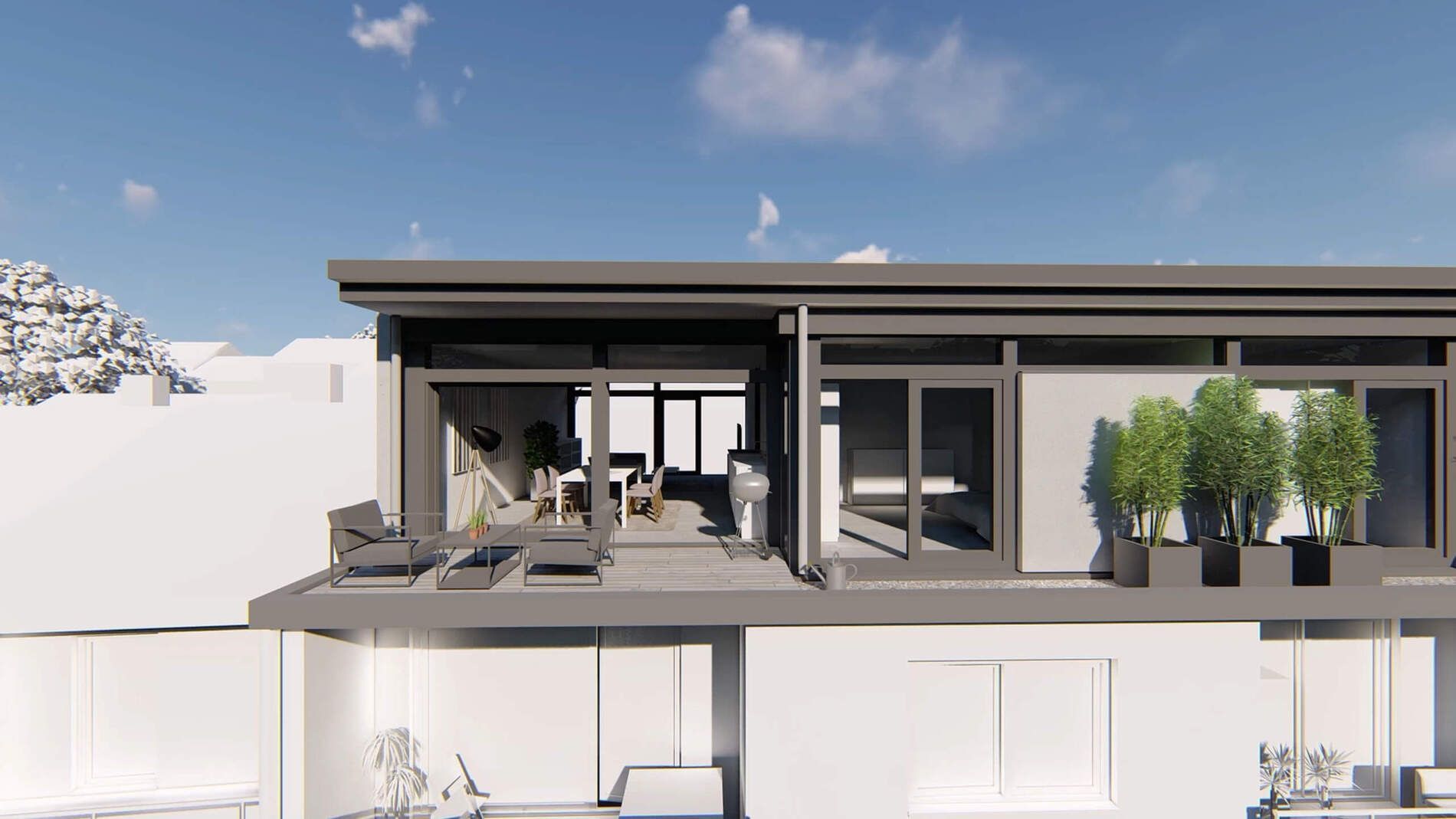 Aufstockung auf HUF Bestandshaus mit Aussicht Moderne Aufstockung eines Hauses mit Terrasse und Ausblick