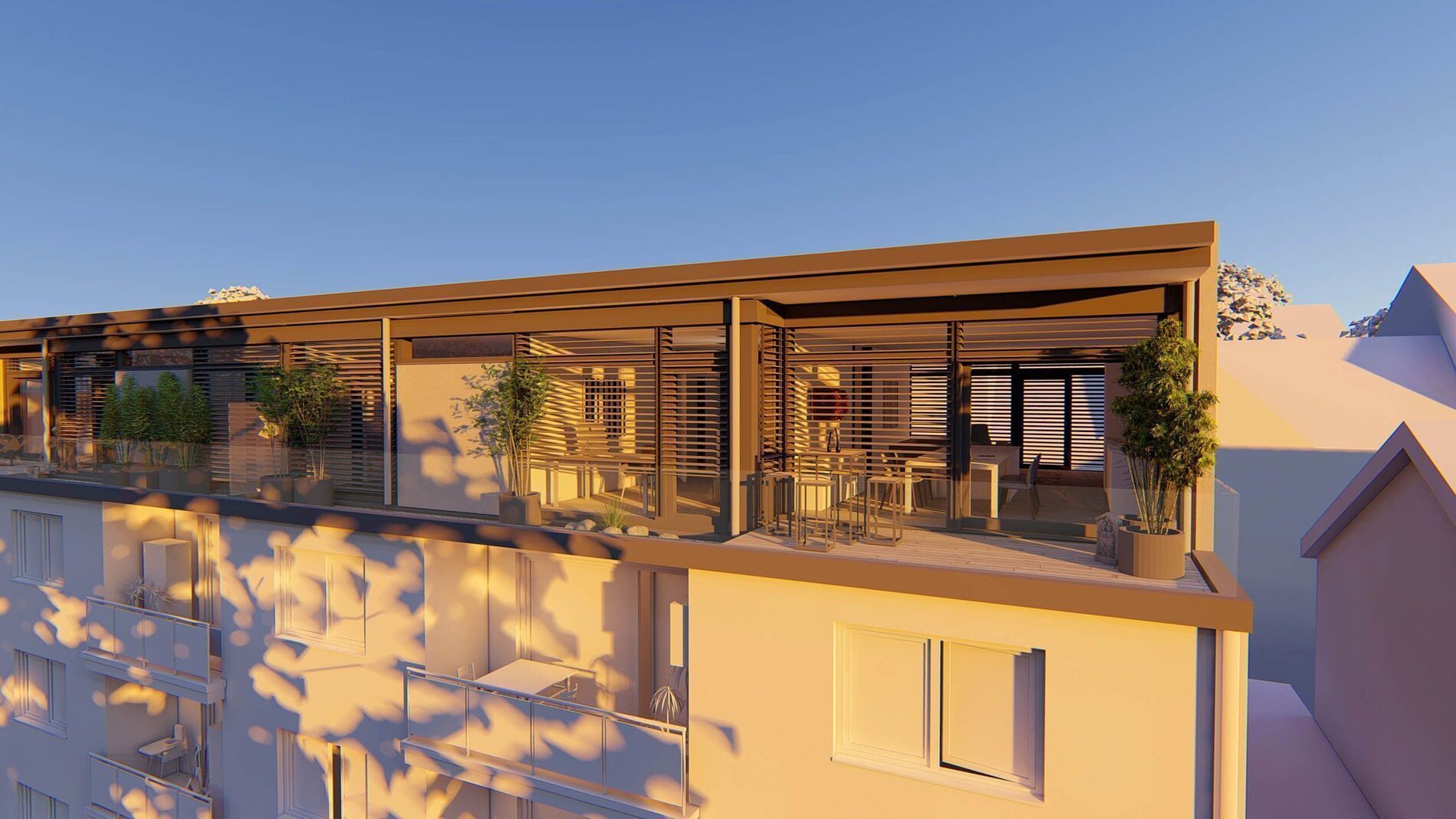 Aufstockung eines Bestandsgebäudes mit Dachterrasse Moderne Aufstockung mit Pflanzen und Holzverkleidung auf Dach