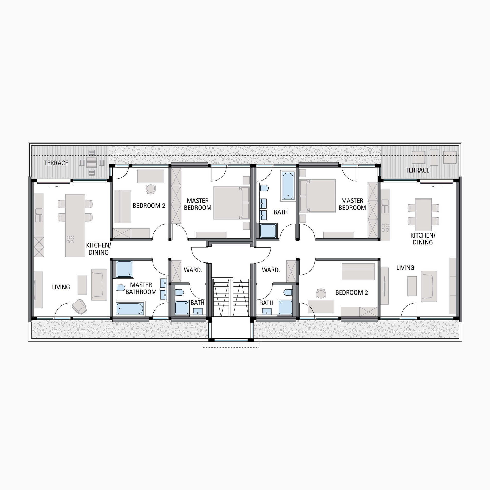 Grundriss eines Hauses mit mehreren Schlafzimmern Architektonischer Plan eines Wohnhauses mit Terrassen und mehreren Zimmern