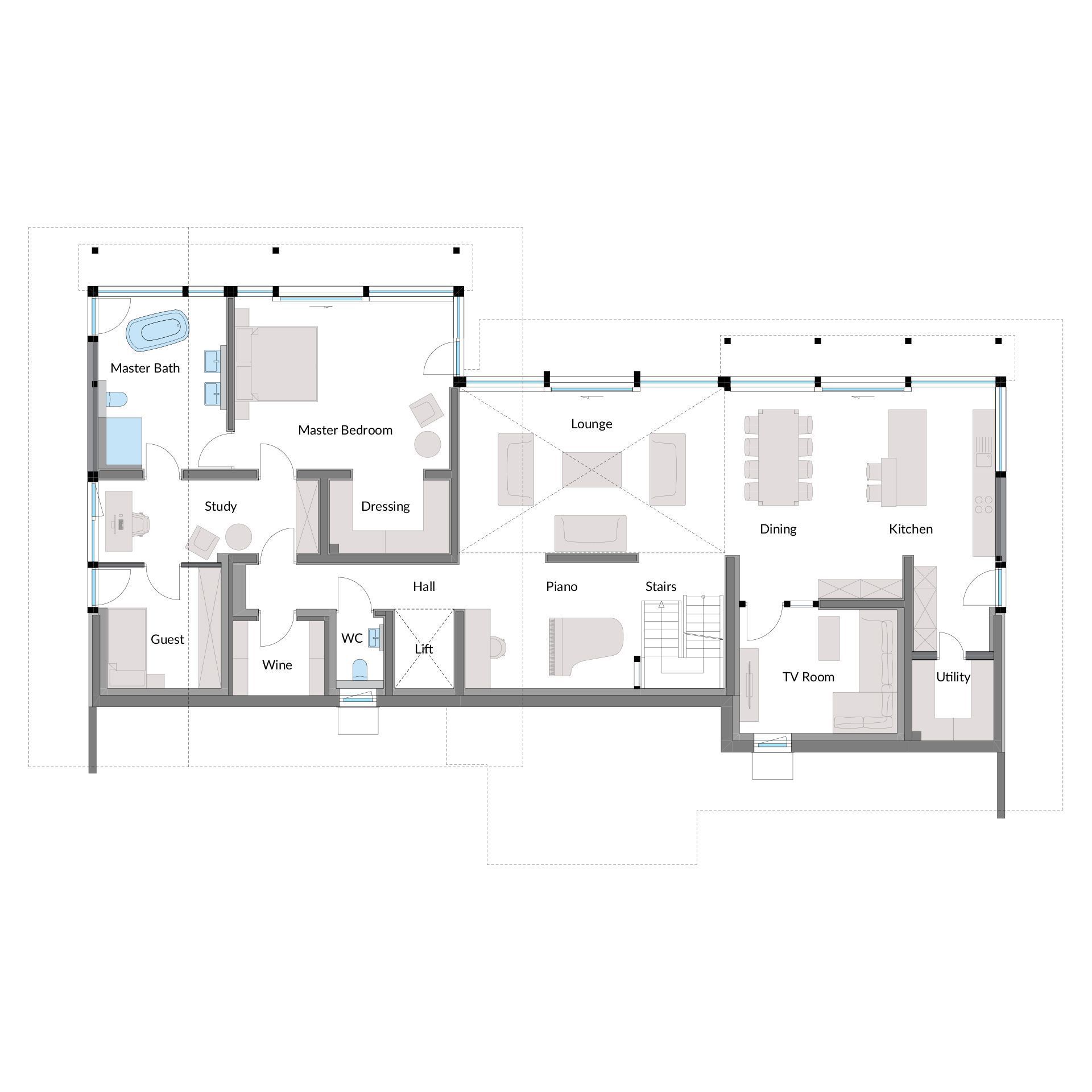 Fachwerkhaus mit Meerblick Grundriss Grundriss eines Fachwerkhauses mit verschiedenen Räumen und Meerblick.