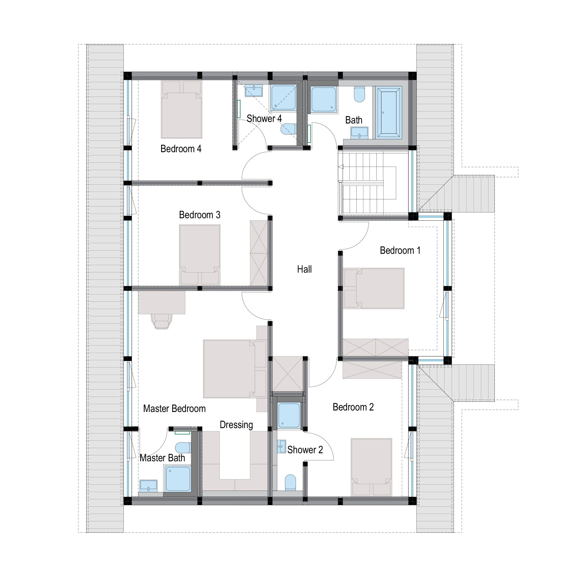 Moderne Architektur: Grundriss eines Stadthauses Layout eines modernen Stadthauses mit mehreren Schlafzimmern und Bädern