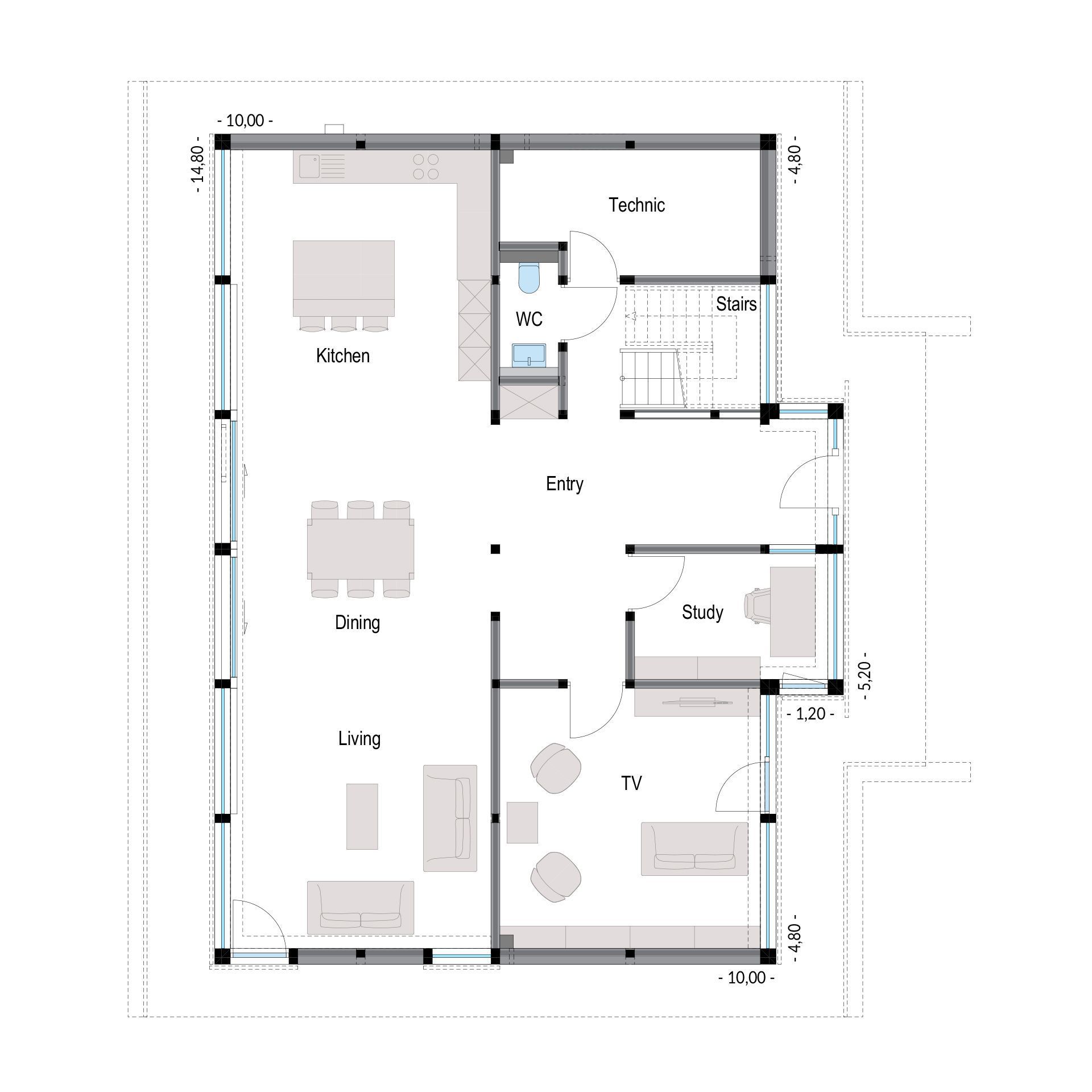 Modernen Grundriss für ein Stadthaus Erdgeschosslayout mit Wohnzimmer, Küche und Studie