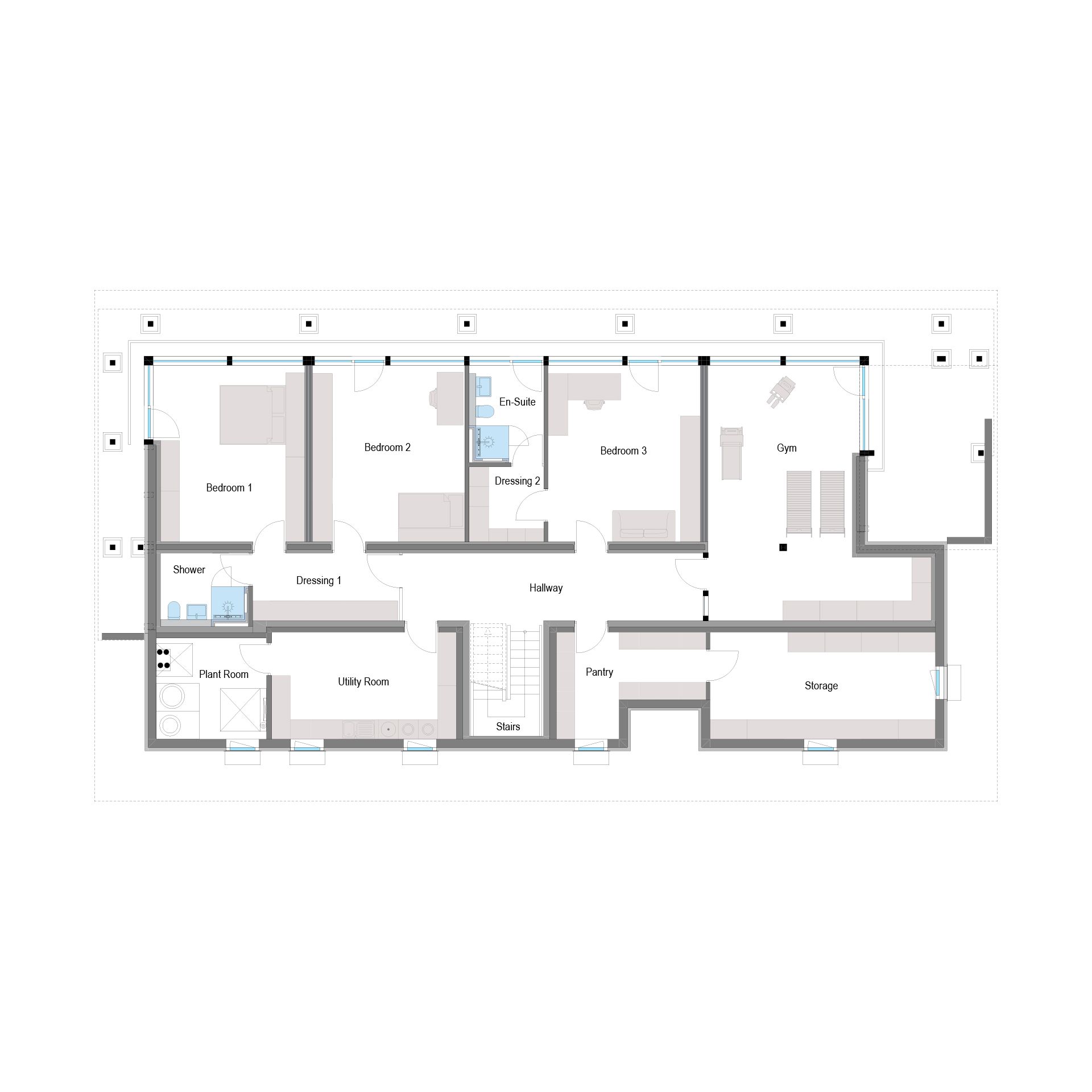 Grundriss eines modernen HUF HAUS mit Flachdach Detaillierter Grundriss mit Schlafräumen, Badezimmer und Wohnbereich