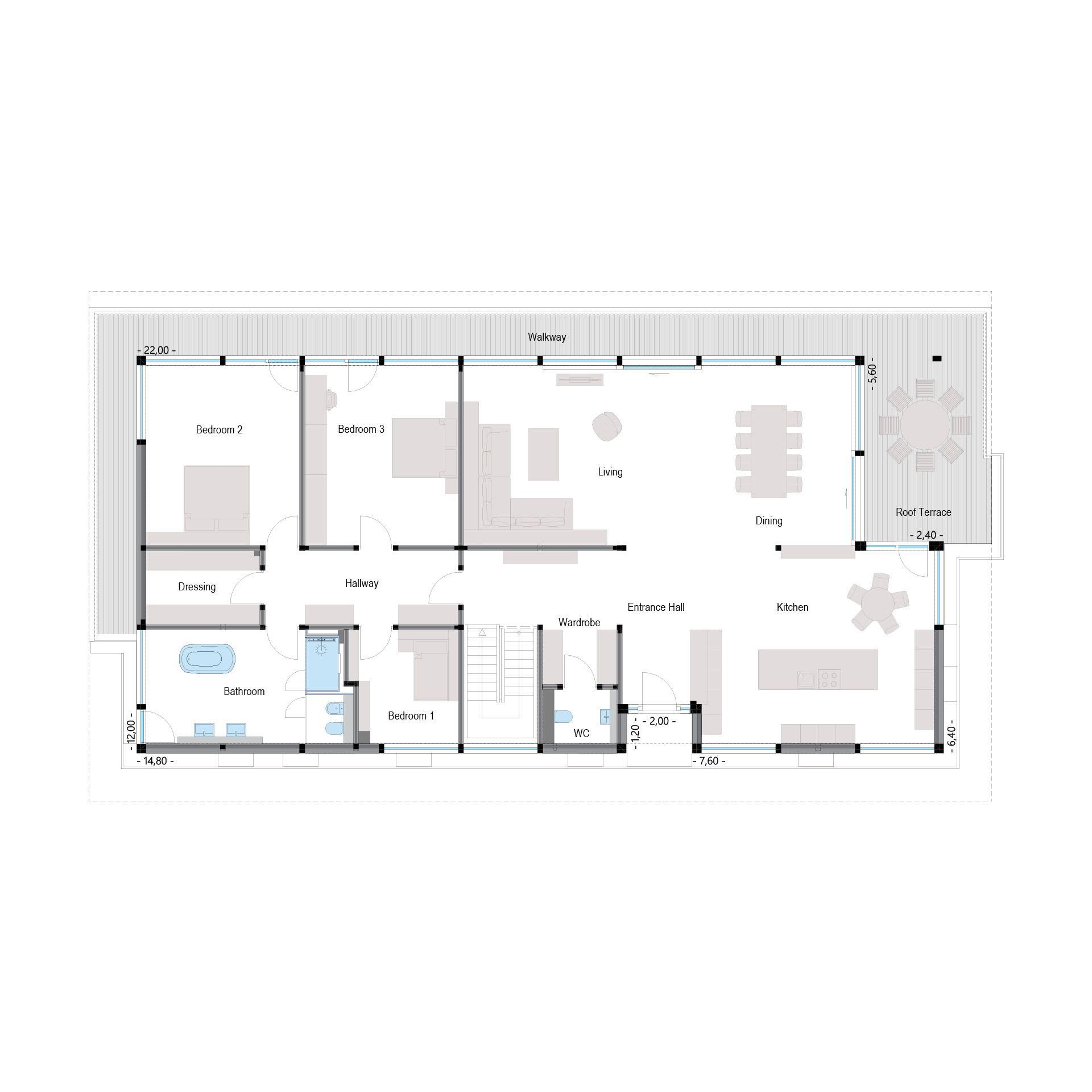 Grundriss eines HUF HAUS mit Flachdach Detailierter Grundriss des HUF HAUS zeigt die Raumaufteilung und Fenster