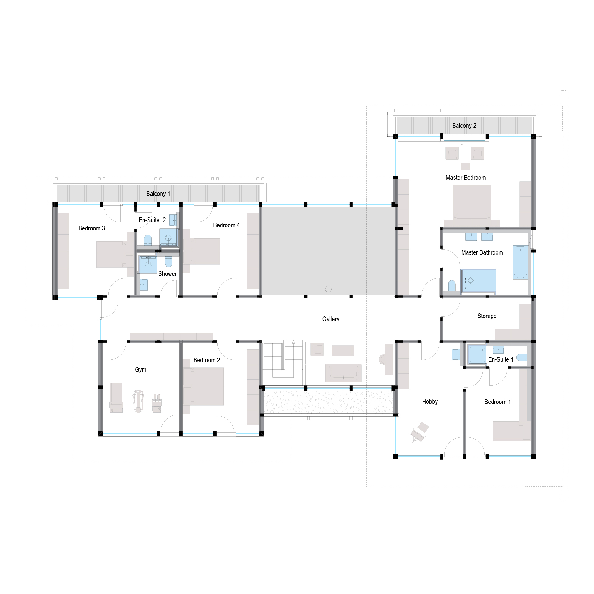 Grundriss eines modernen Hauses von HUF Detailierter Grundriss mit Wohnräumen und Balkonen für modernes Wohnen.