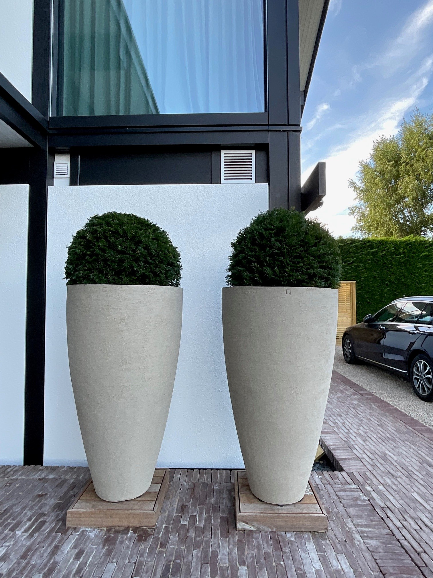 Moderne Pflanztöpfe vor einem modernen Haus Zwei große, runde Pflanztöpfe aus Beton vor einem modernen Gebäude
