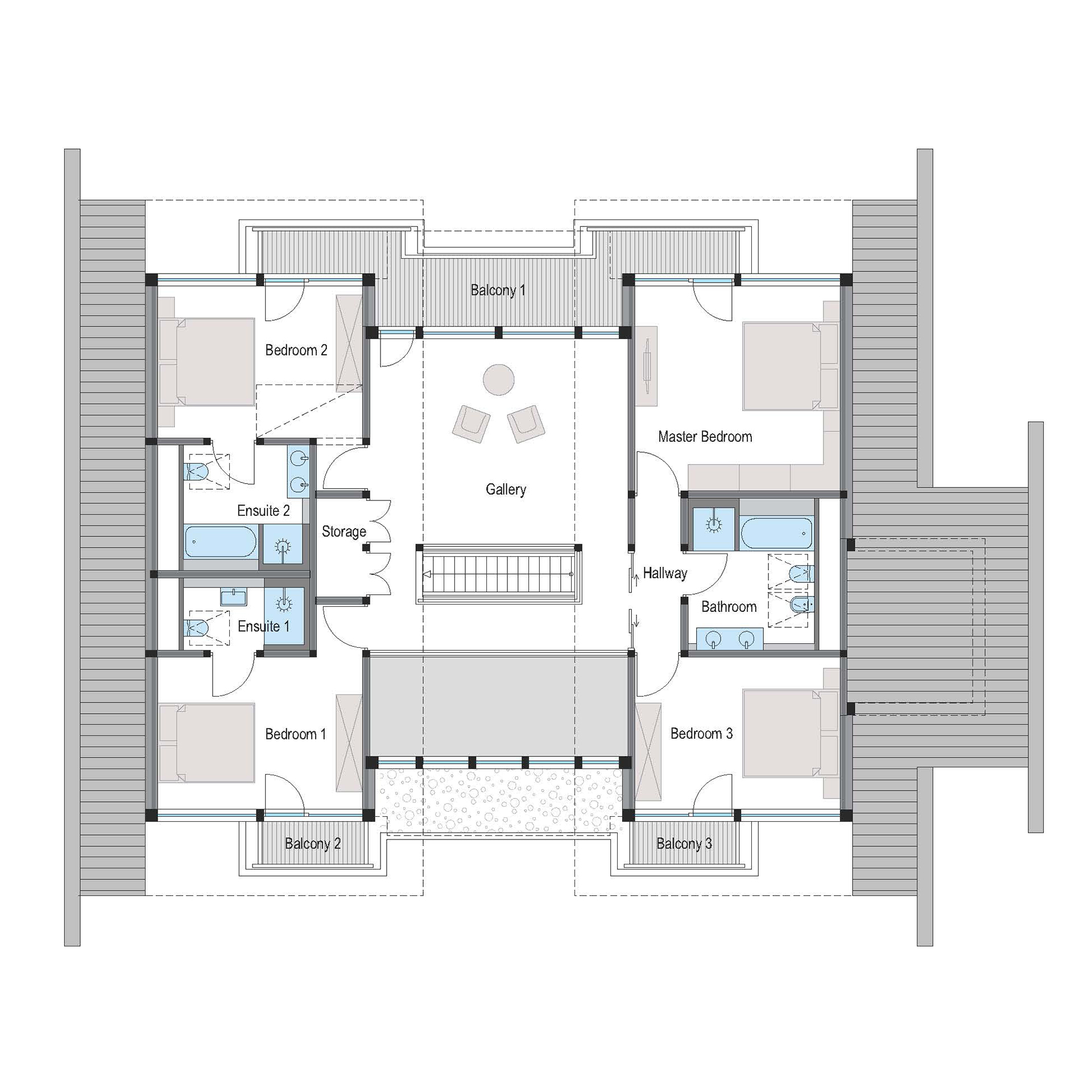 Majestätisches Haus mit Urlaubsflair Grundriss eines eleganten Hauses mit mehreren Schlafzimmern und Balkonen