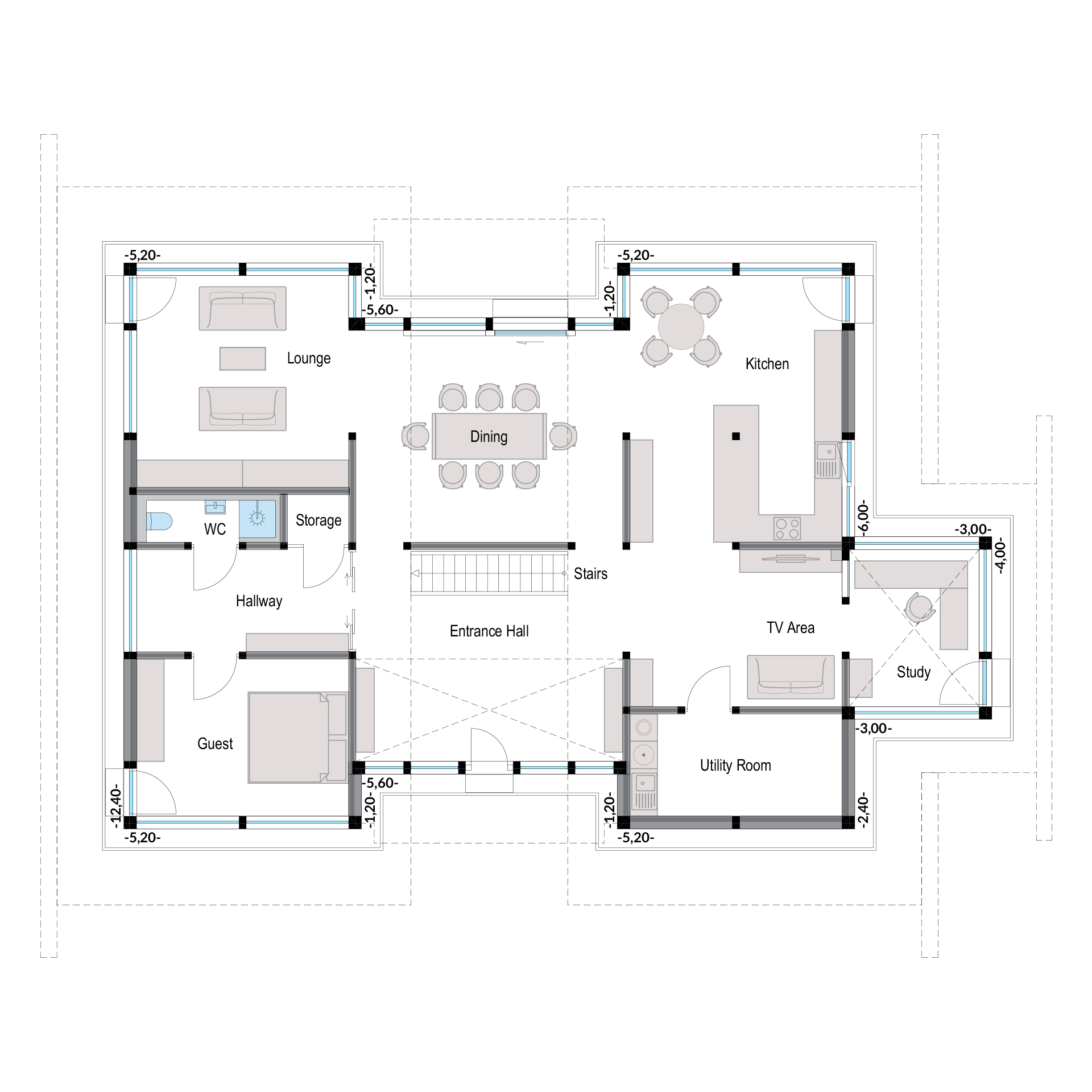 Majestätisches Haus mit Urlaubsflair Grundriss eines majestätischen Hauses mit Lounge, Essbereich und Küche