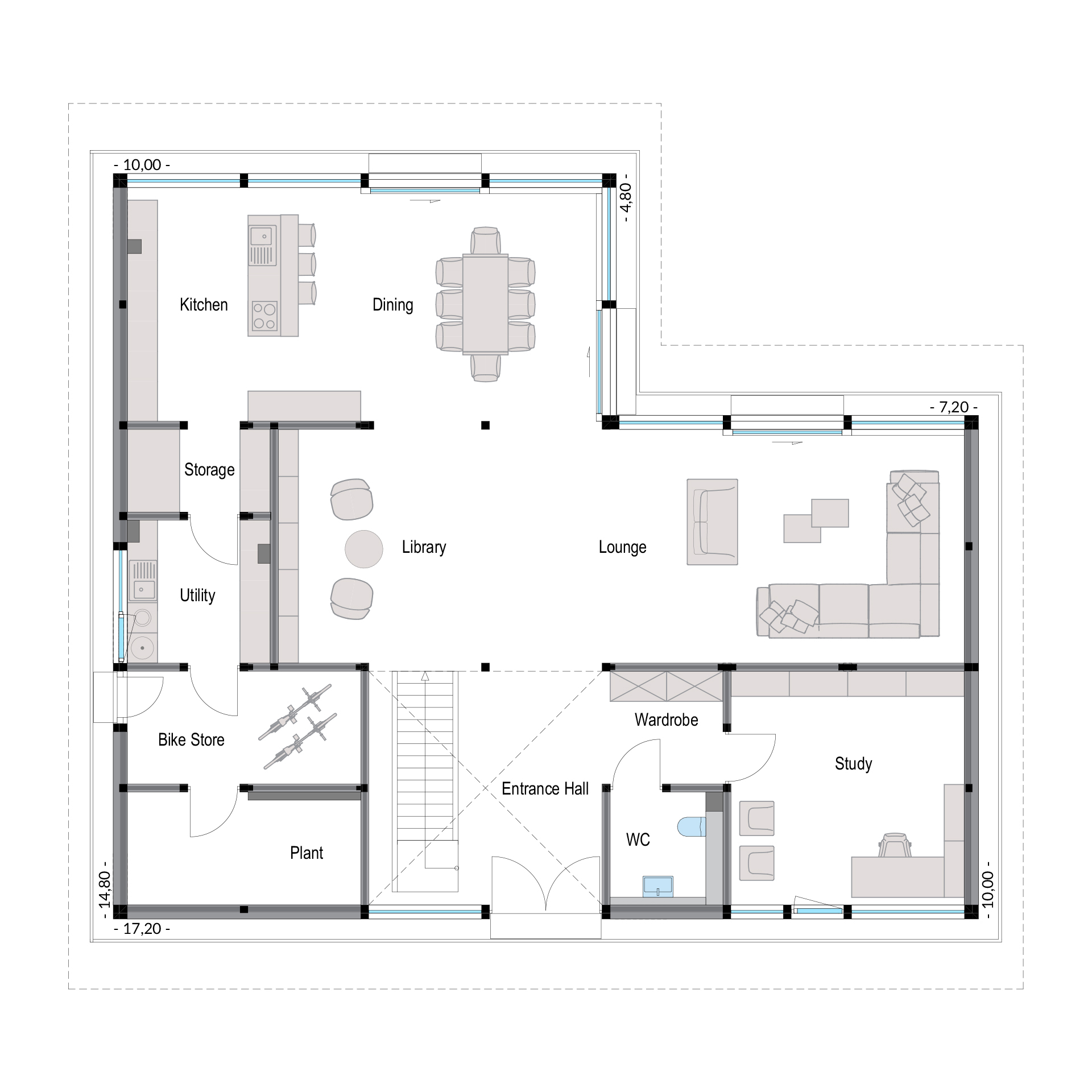Grundriss eines modernen HUF Hauses Innovativer Grundriss mit Küche, Bibliothek und Lounge für außergewöhnliches Wohnen.