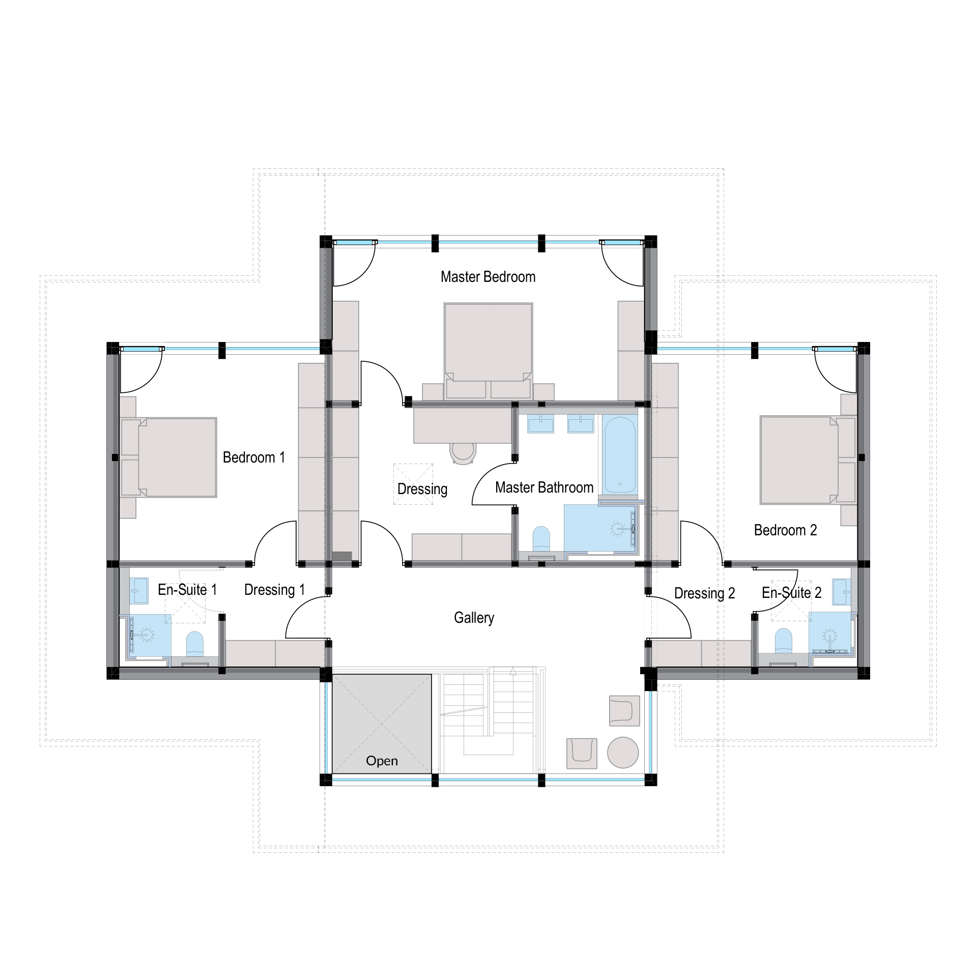 Detaillierter Grundriss eines HUF Hauses mit Pool und mehreren Schlafzimmern