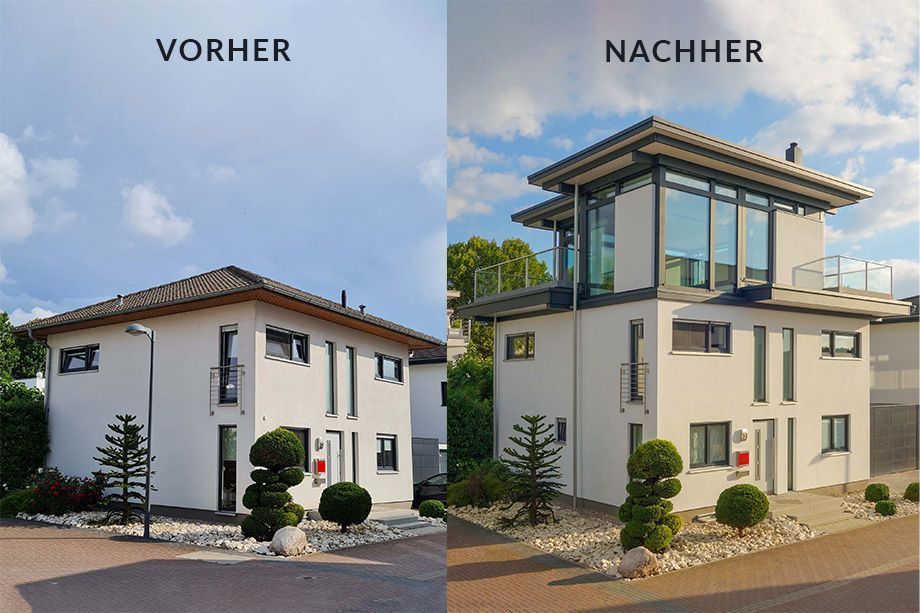 Vorher-Nachher Bilder eines aufgestockten Hauses Vergleich des Bestandsgebäudes vor und nach der HUF Aufstockung
