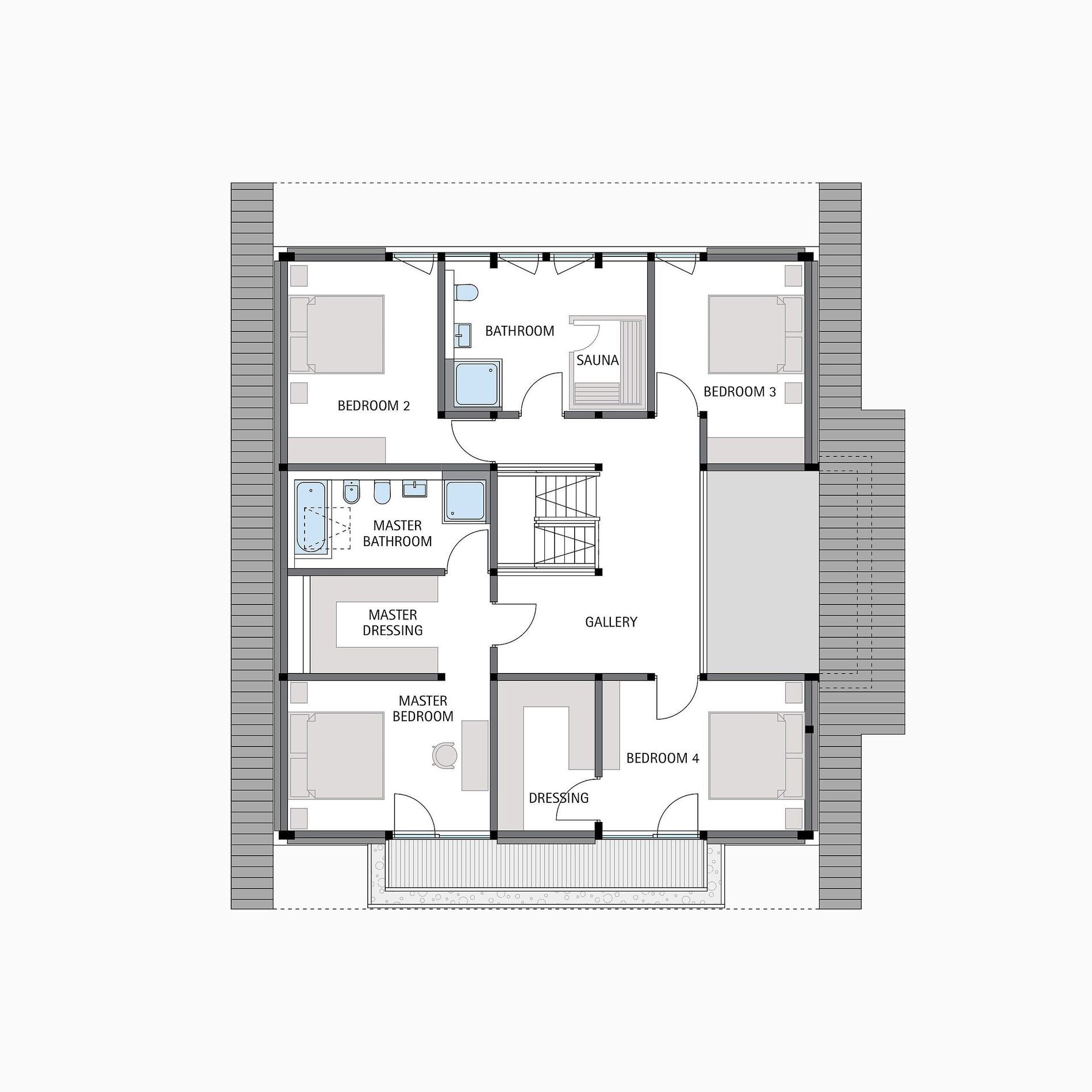 Moderne Architektur Grundriss mit Sauna und Schlafzimmern Grundriss eines modernen Hauses mit mehreren Schlafzimmern und Sauna