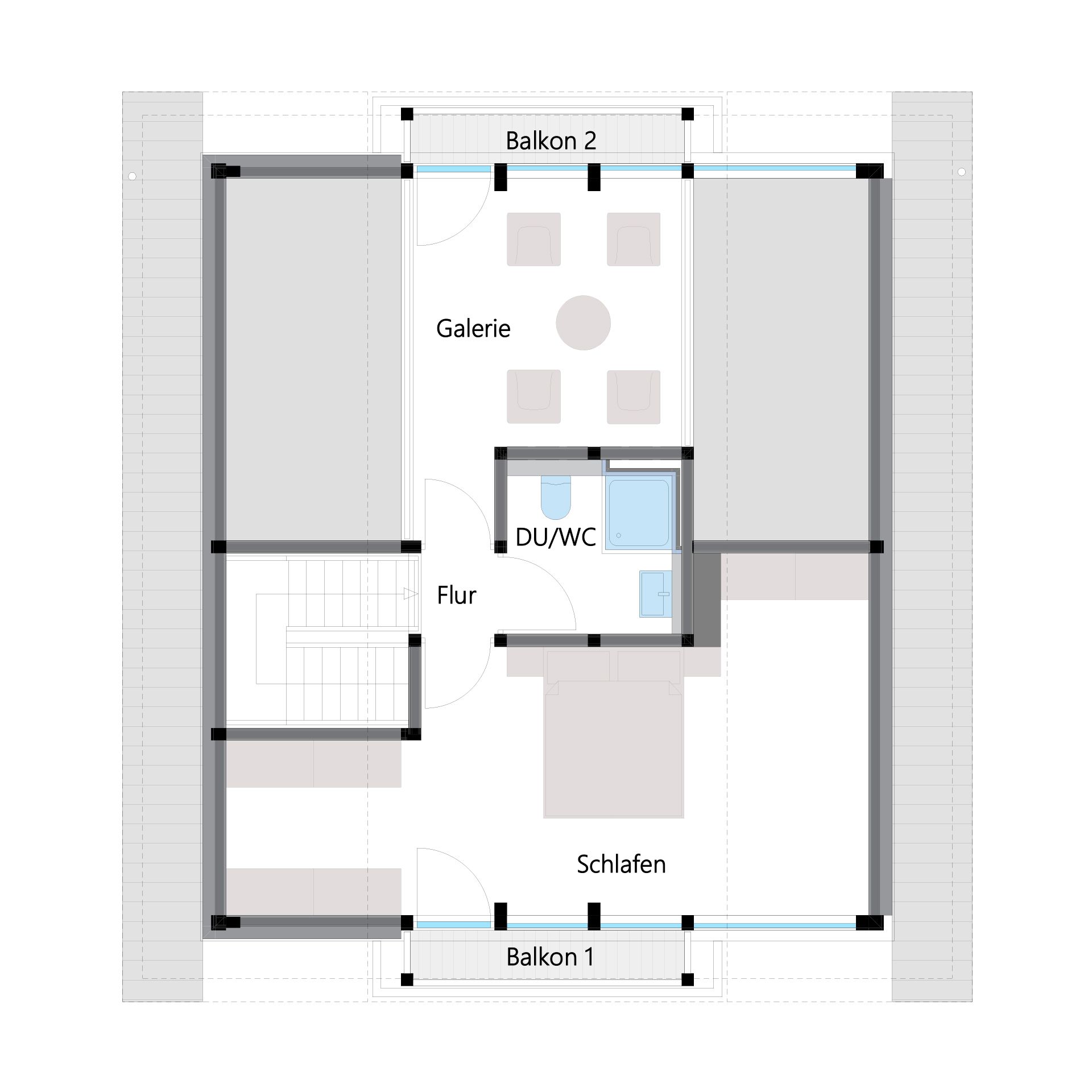 Grundriss eines stilvollen Familienhauses mit Schlafzimmer und Balkonen
