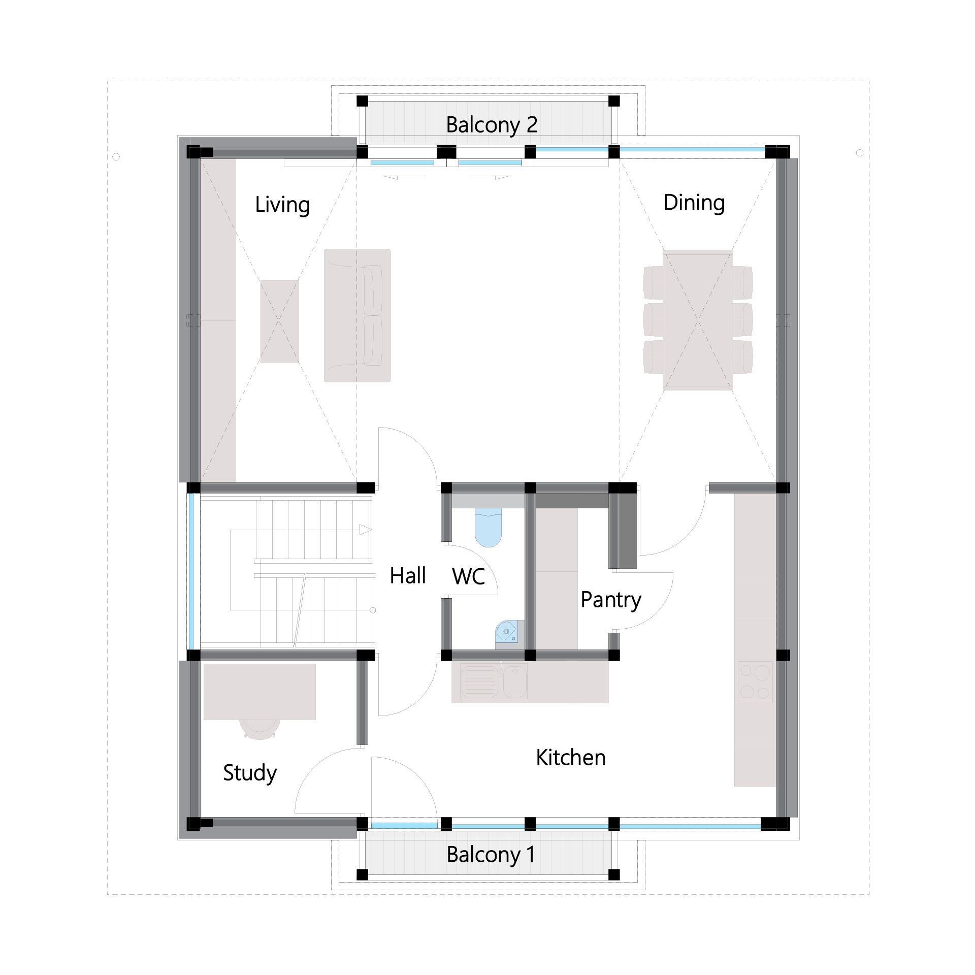Moderne Architektur eines Familienhauses Grundriss eines stilvollen Familienhauses mit mehreren Räumen