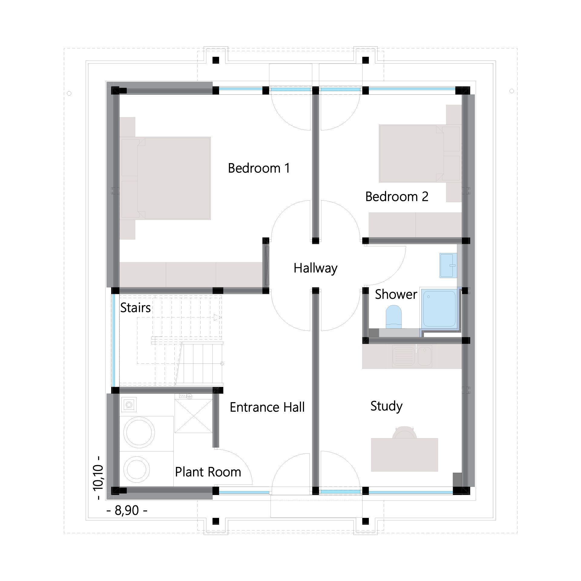 Architektenhaus Grundriss mit gemütlichem Stil Modernes Familienhaus mit zwei Schlafzimmern, Bad und Arbeitszimmer