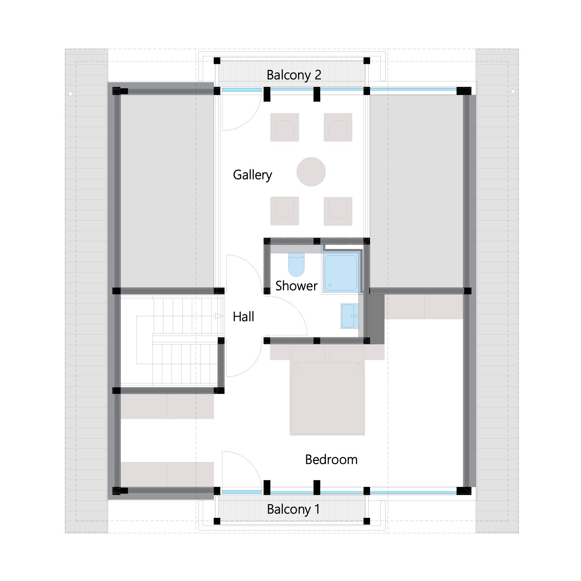 Architektenhaus Grundriss mit Balkonen und Schlafzimmer Gemütlicher und stilvoller Grundriss eines Familienhauses mit Galerie und Dusche