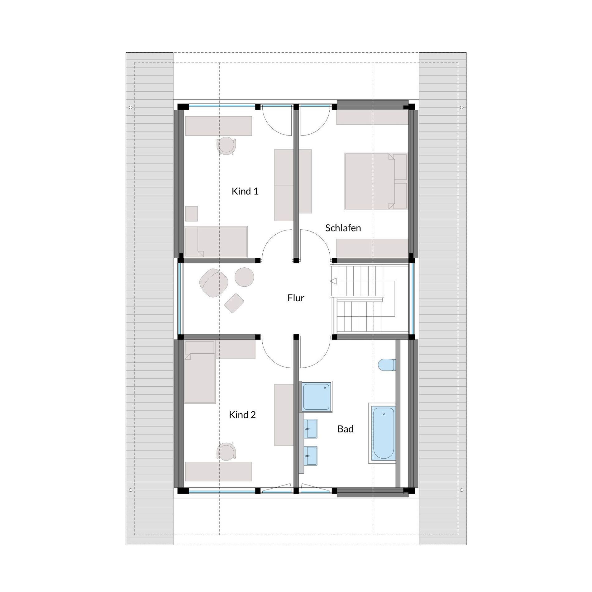 Plangrafik eines gemütlichen Architektenhauses mit verschiedenen Räumen