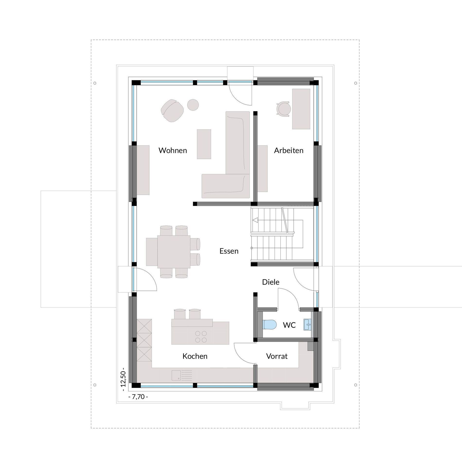 Familienhaus Grundriss mit Wohn-, Arbeits- und Essbereich