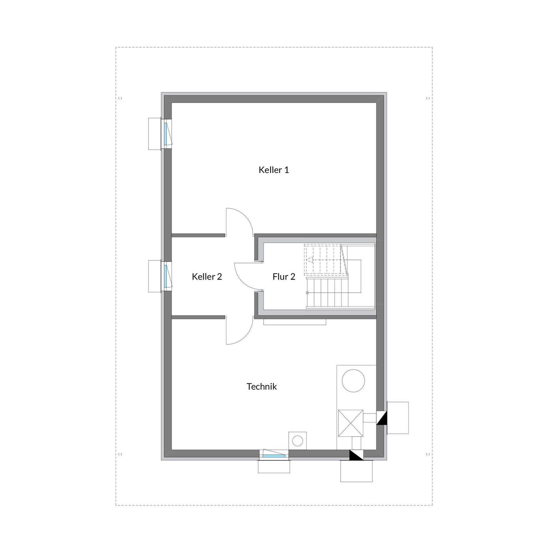 Architektenhaus Grundriss mit Kellerräumen und Technikbereich