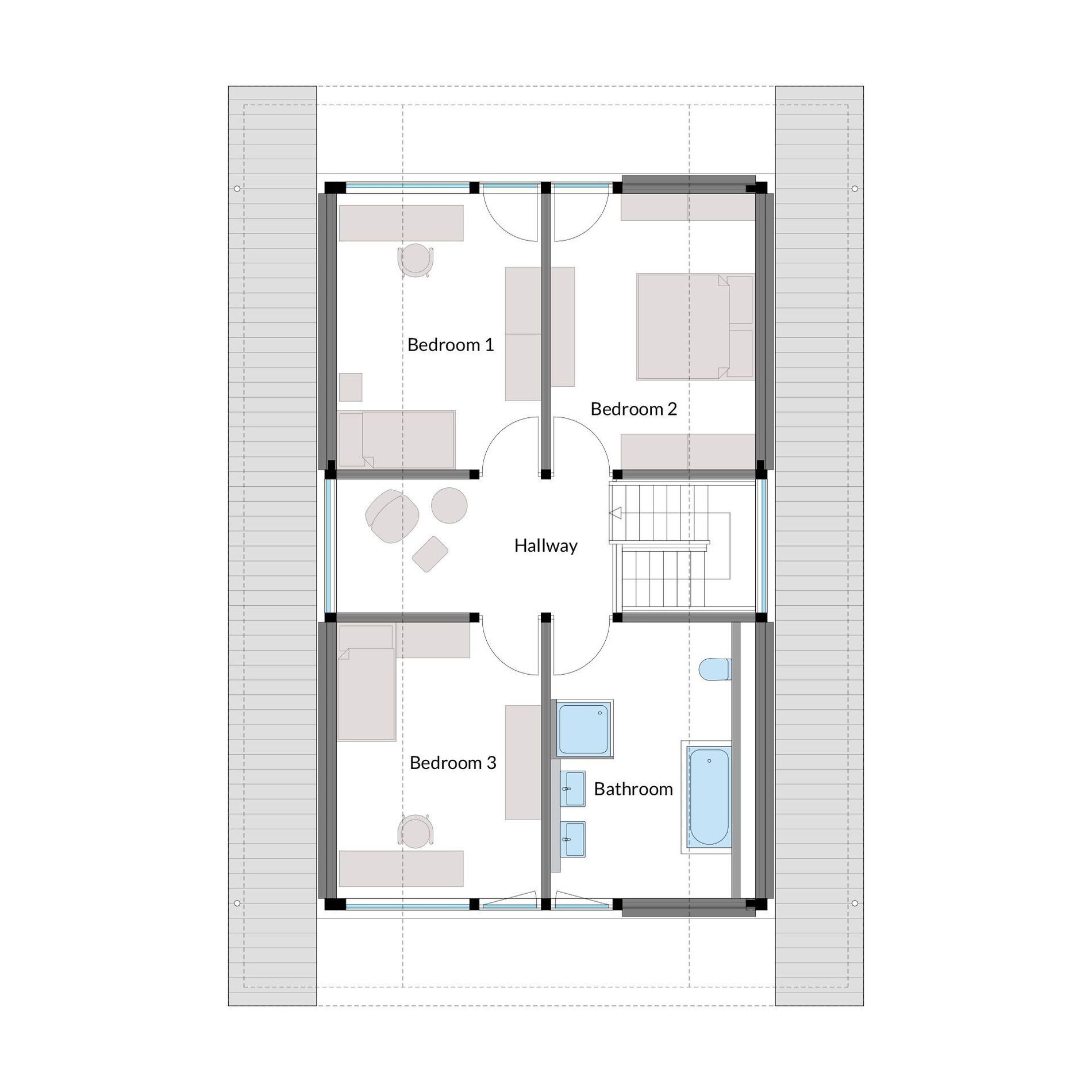 Stilvolles Architektenhaus mit gemütlichem Grundriss Grundriss eines Familienhauses mit drei Schlafzimmern und einem Badezimmer