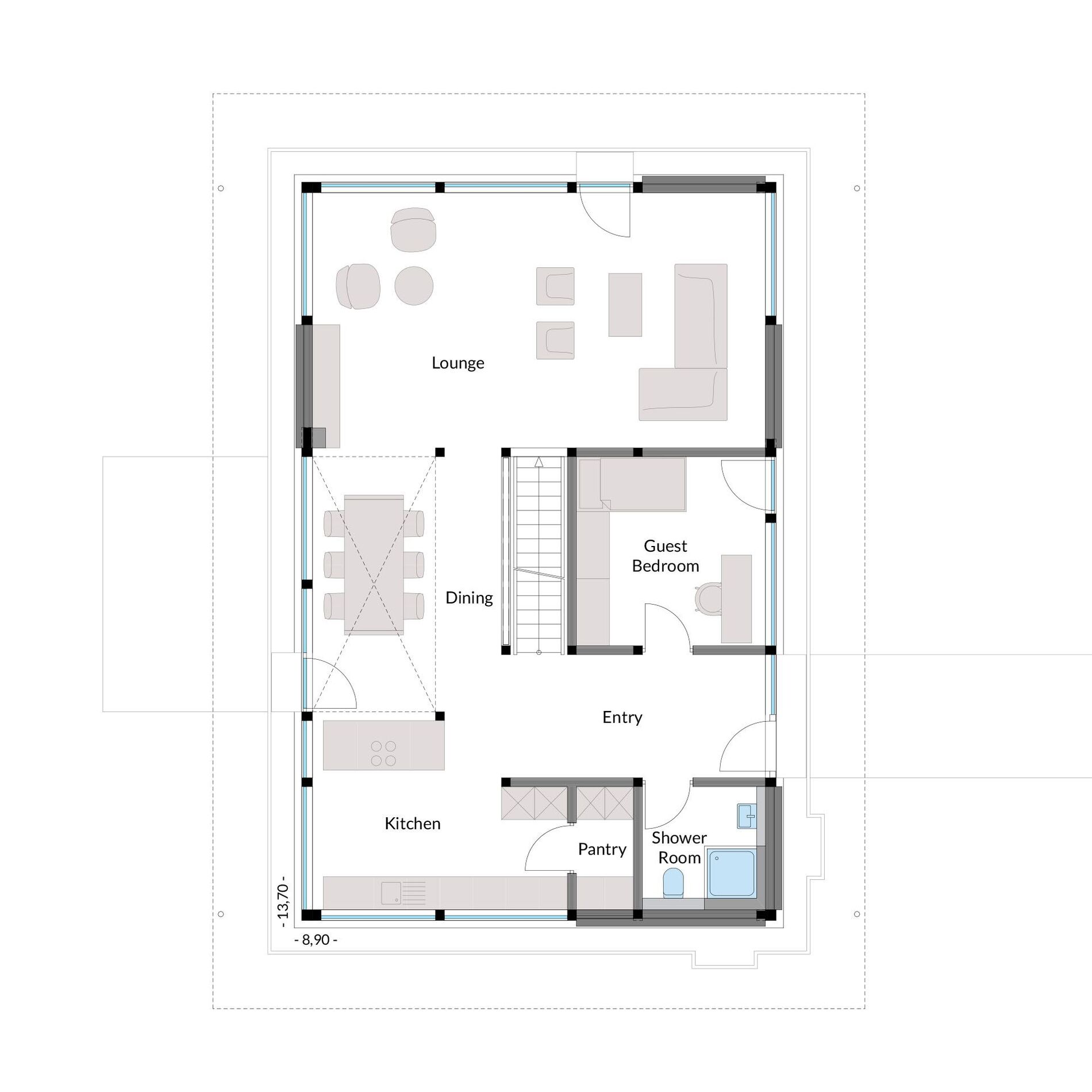 Stilvolles Familienhaus Architekturplan Grundriss eines gemütlichen Architektenhauses mit Lounge und Küche