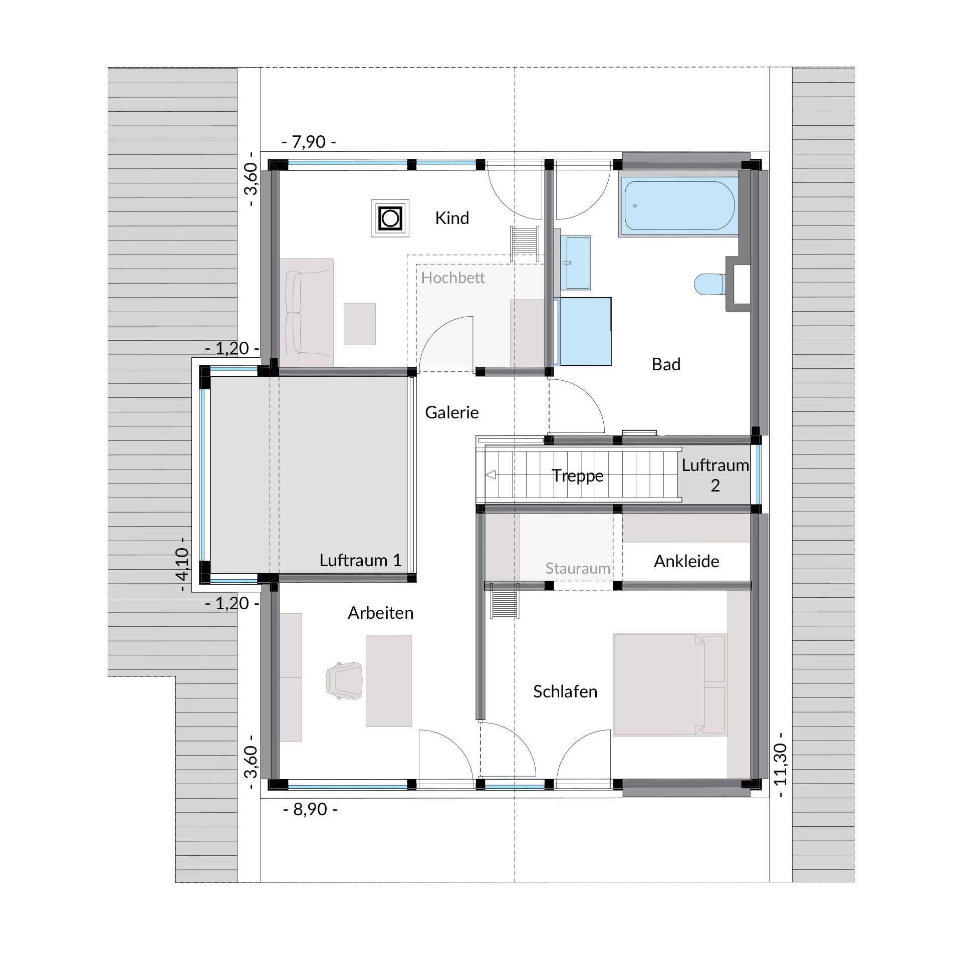 Architektenhaus Grundriss mit Schlafzimmer, Bad und Galerie