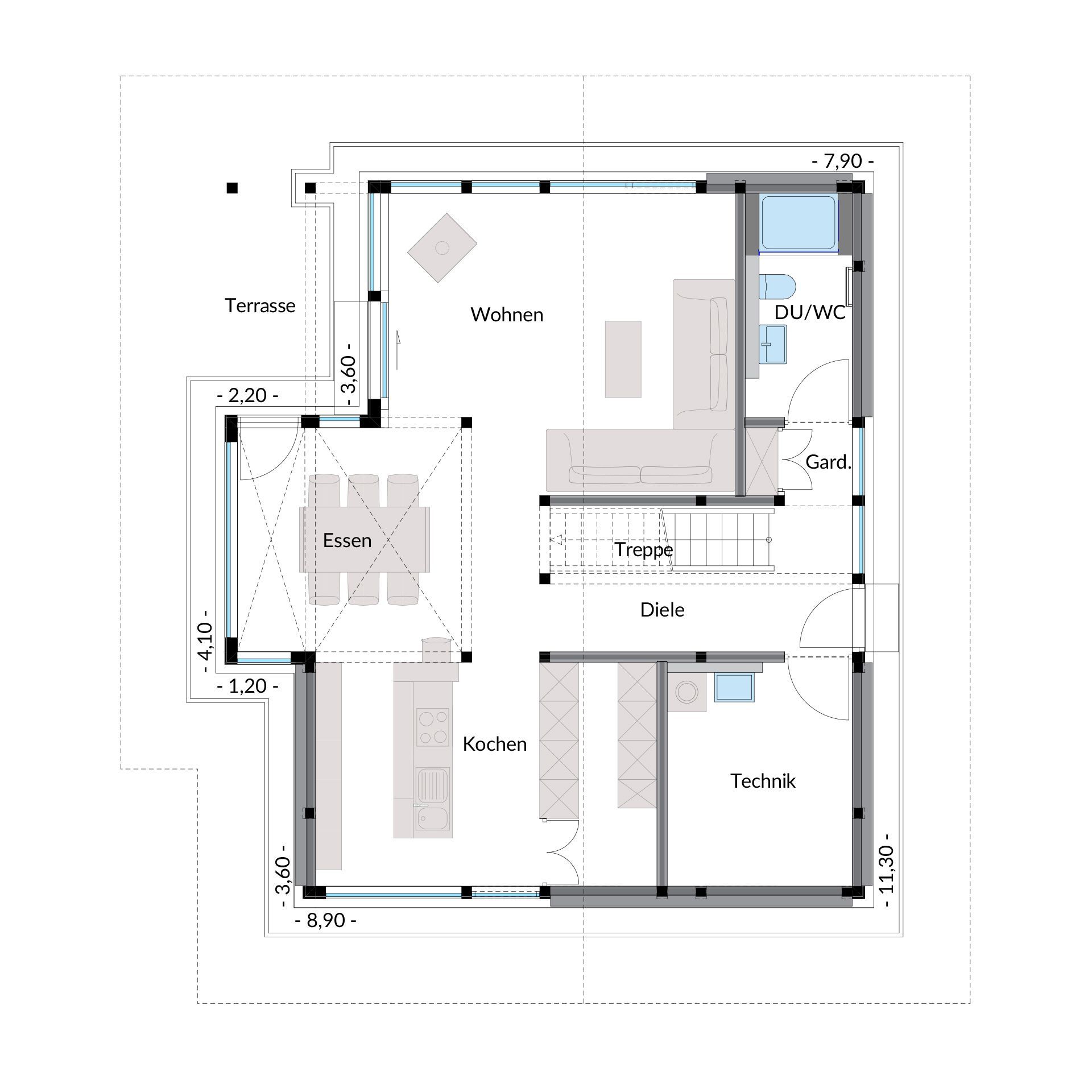 Modern gestalteter Grundriss eines stilvollen Familienhauses