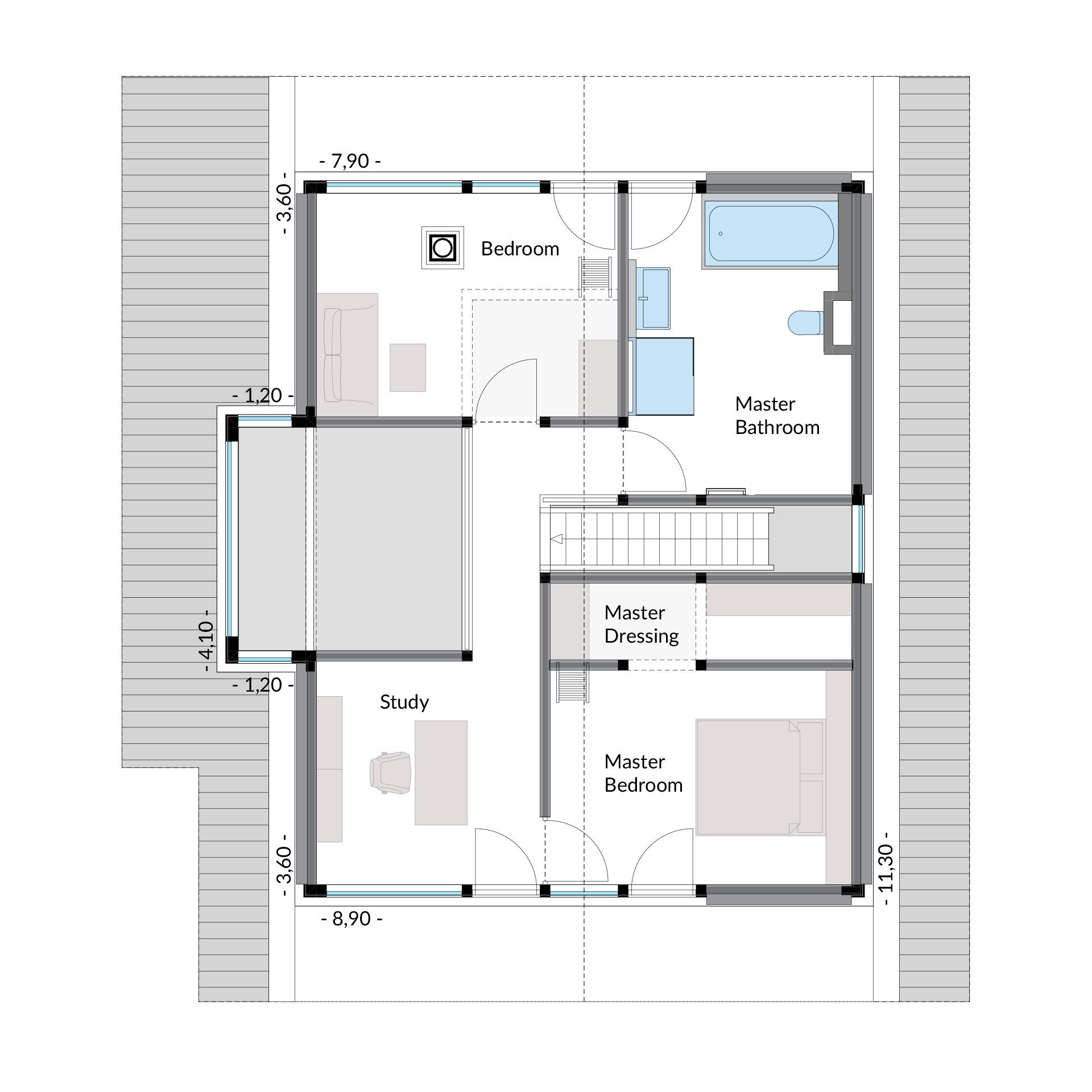 Stilvoller Grundriss eines Familienhauses mit Master-Bedroom und Büro