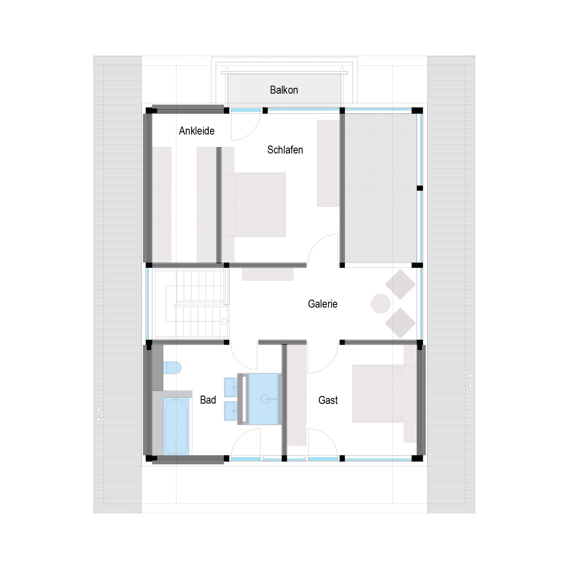 Architektenhaus Grundriss mit Balkon und Ankleide Gemütlicher und stilvoller Grundriss eines Familienhauses