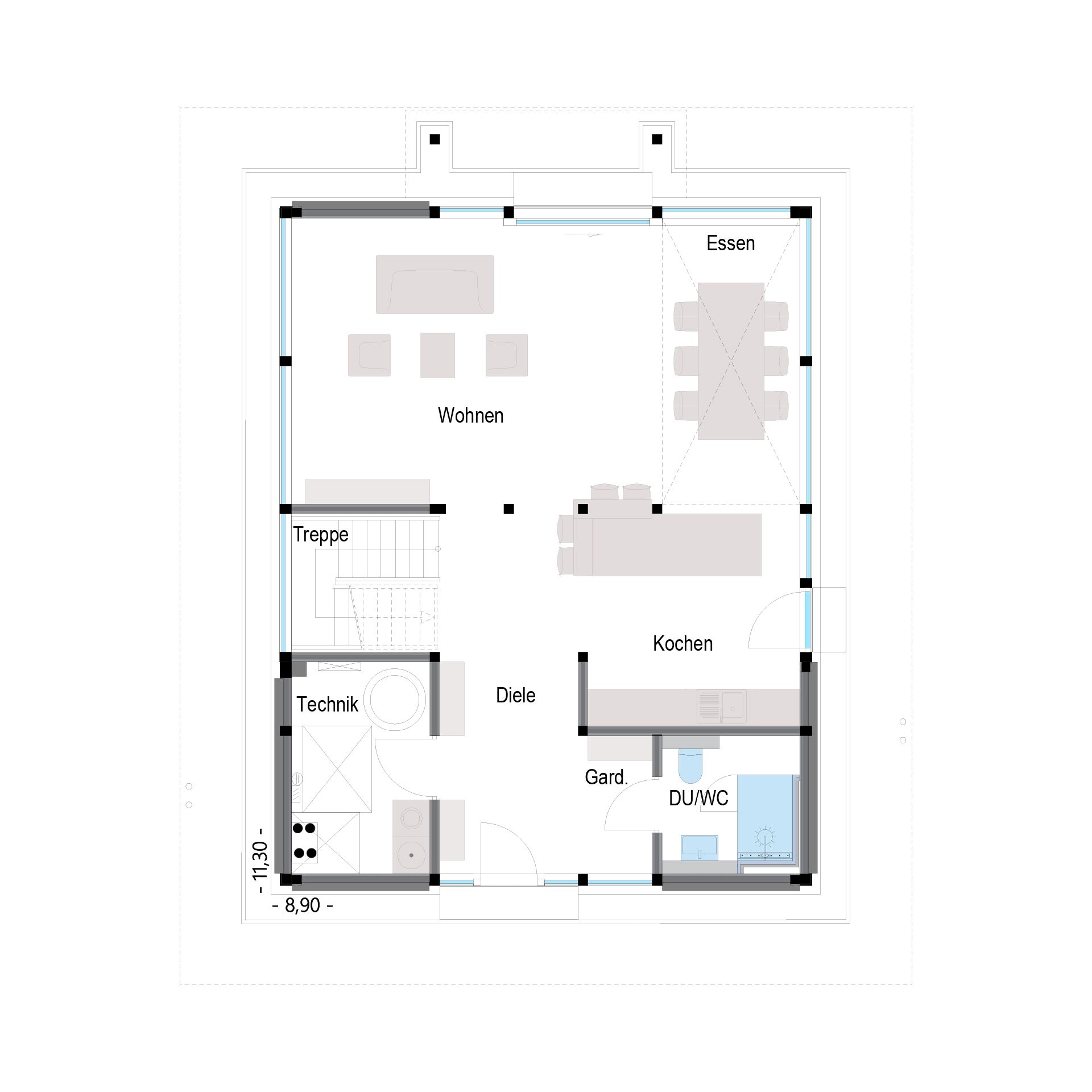 Stilvolles Architektenhaus Grundriss Gemütlicher Grundriss eines Familienhauses mit Wohn- und Essbereich
