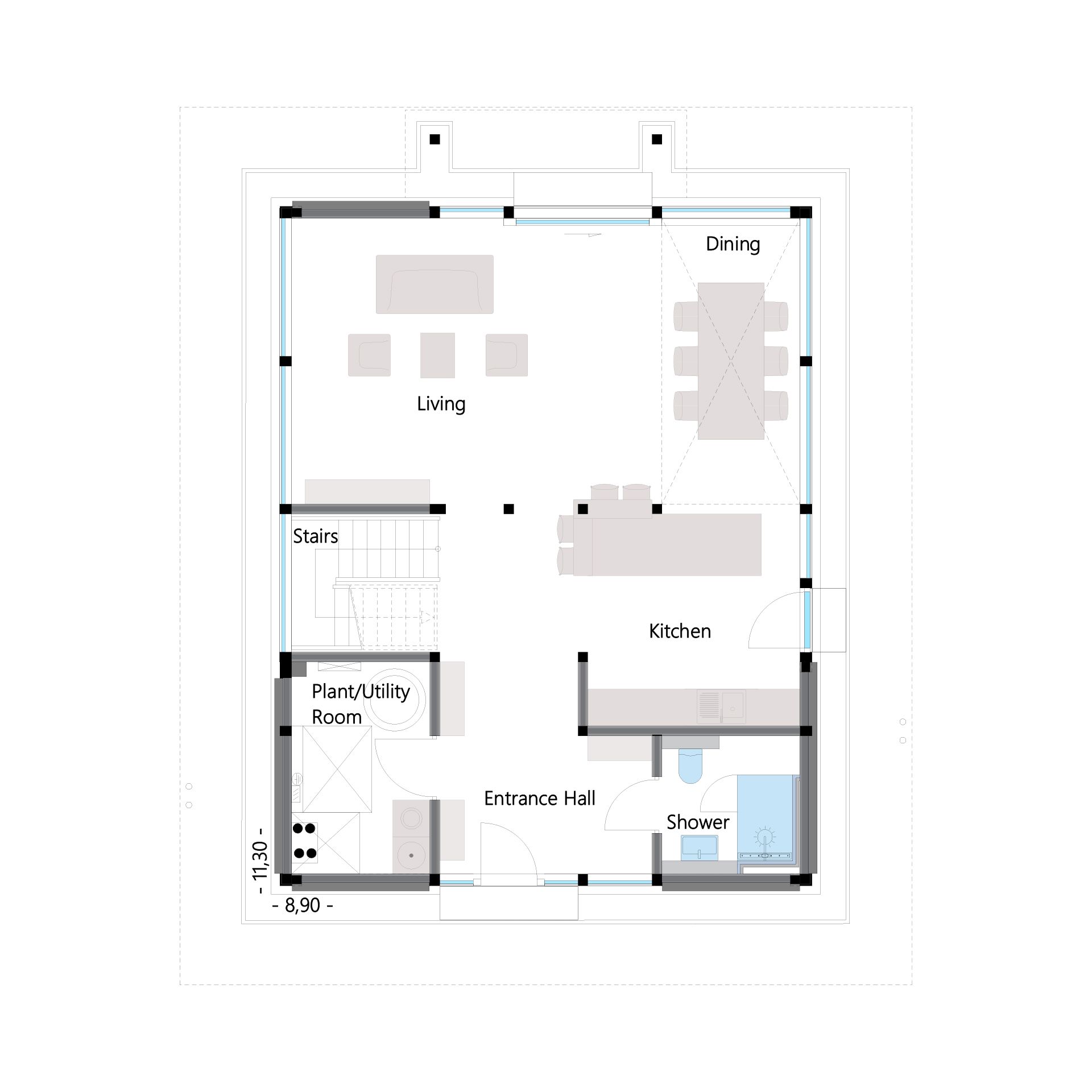Stilvolles Architektenhaus Grundriss Gemütlicher Grundriss eines Familienhauses mit Wohn- und Essbereich