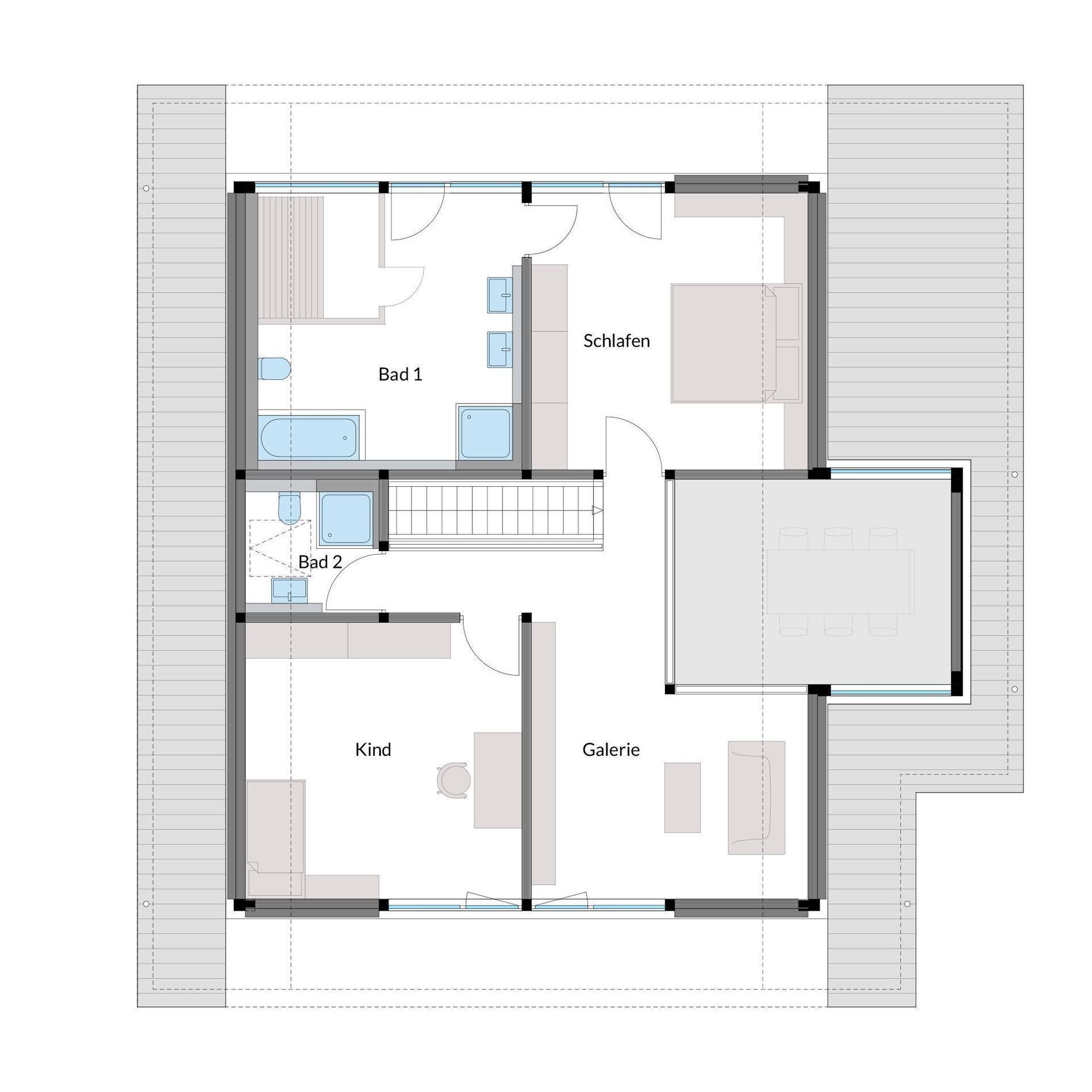 Architektenhaus Grundriss mit Schlafzimmer, Bad und Galerie