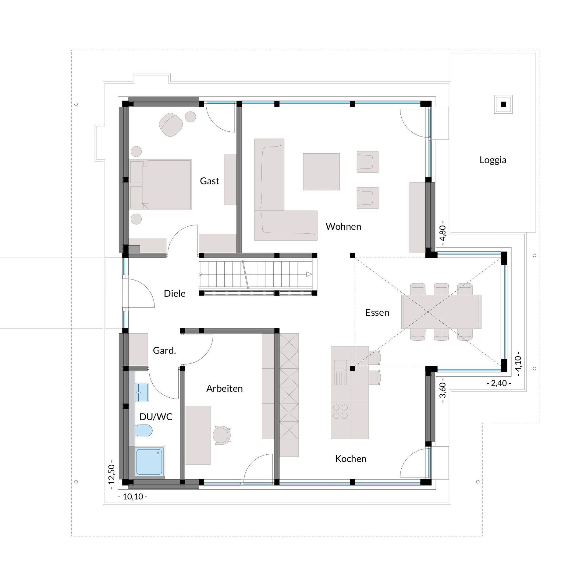 Detailierter Grundriss mit Wohn- und Arbeitsbereichen, Küche und Loggia
