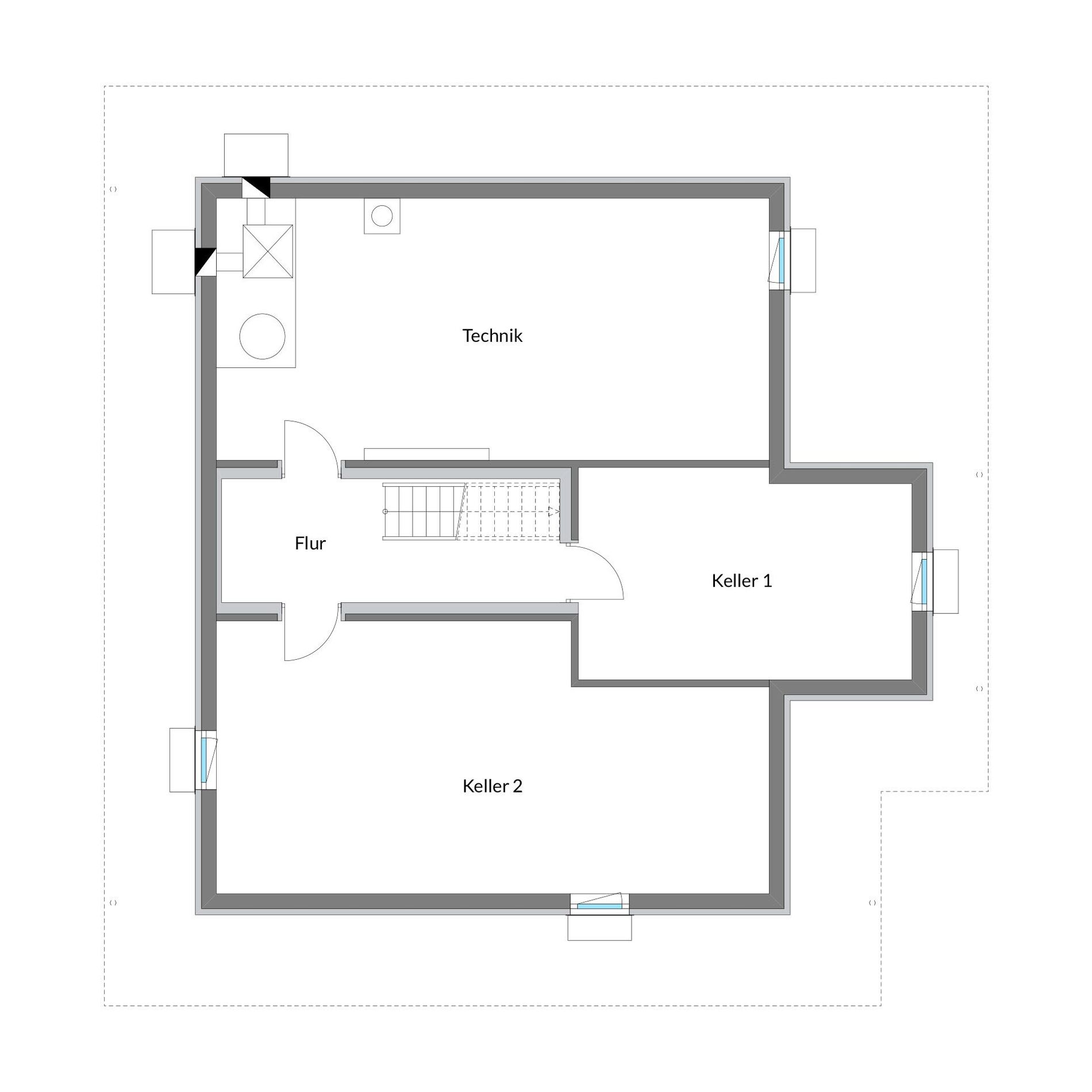 Detailierter Grundriss mit Flur und Kellerräumen