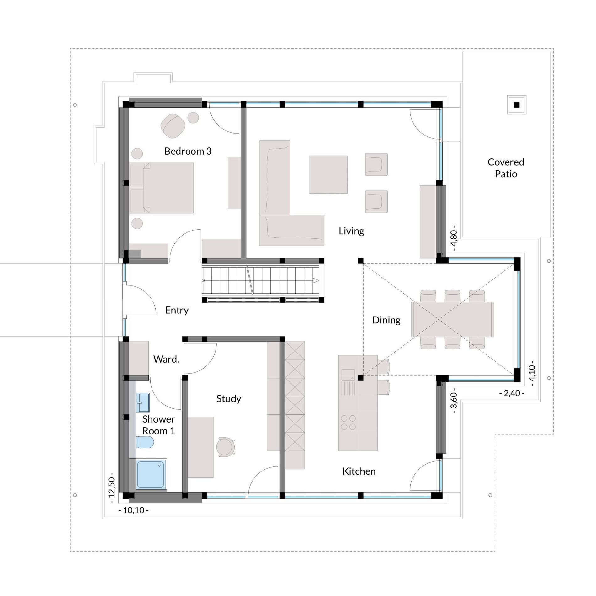 Architektenhaus Grundriss Detailierter Grundriss eines modernen Architektenhauses
