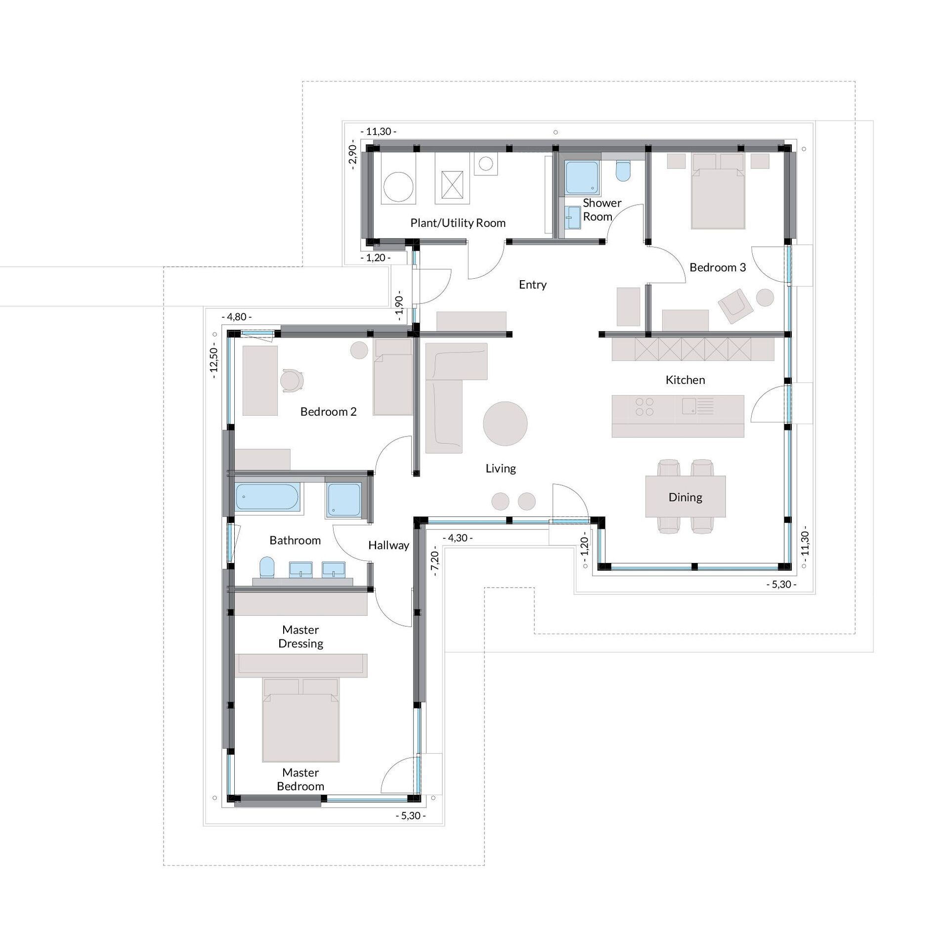 Architektenhaus Bungalow Grundriss Grundriss eines Bungalows mit Schlafzimmern und Wohnbereich