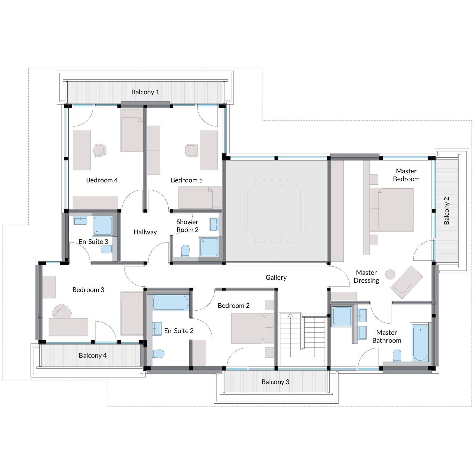 Architekturplan eines modernen Luxushauses mit Flachdach, Schlafzimmern und Balkonen