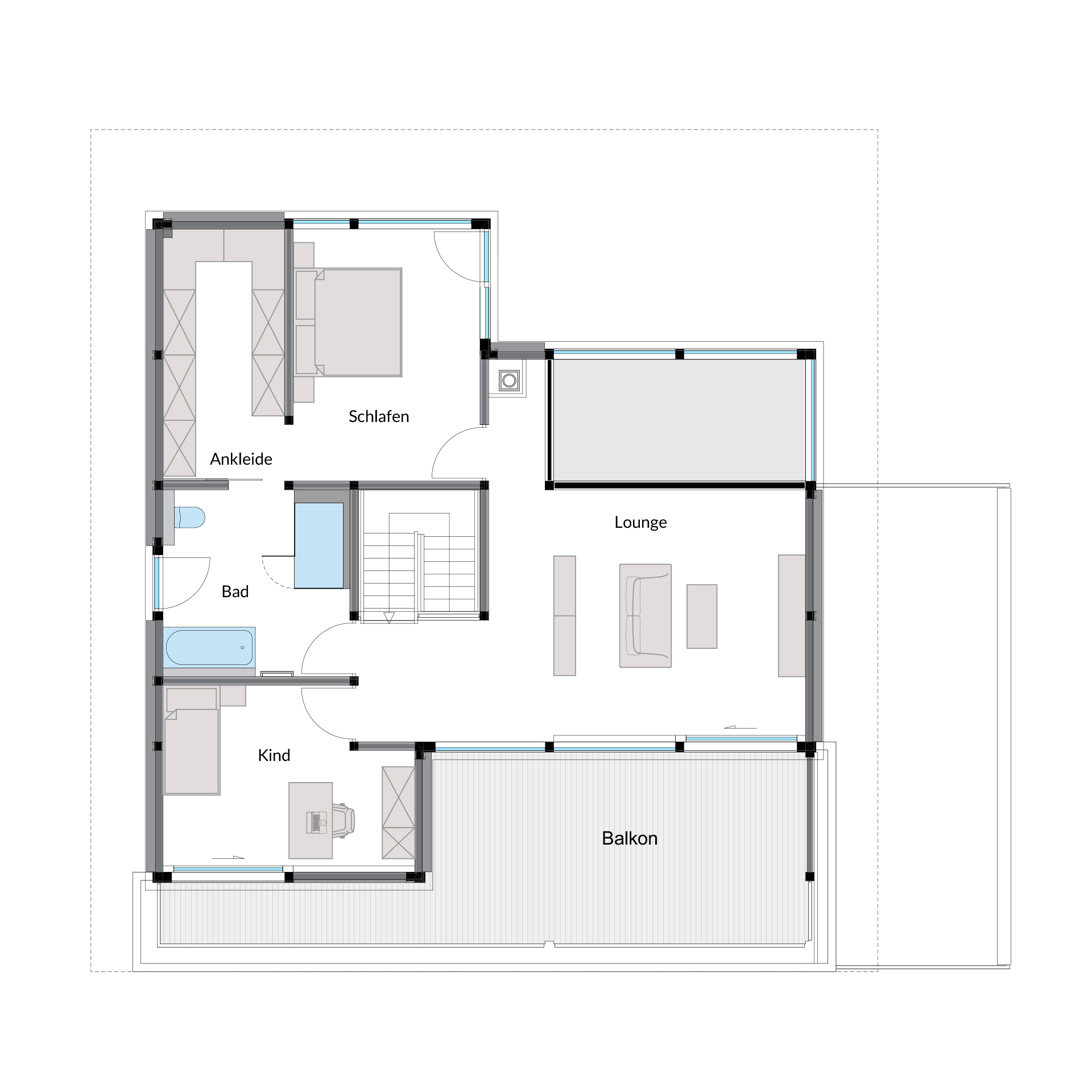Moderne Bauplanung für Designhaus mit Flachdach Grundriss für modernes Designhaus mit Ankleide, Schlafzimmer und Balkon