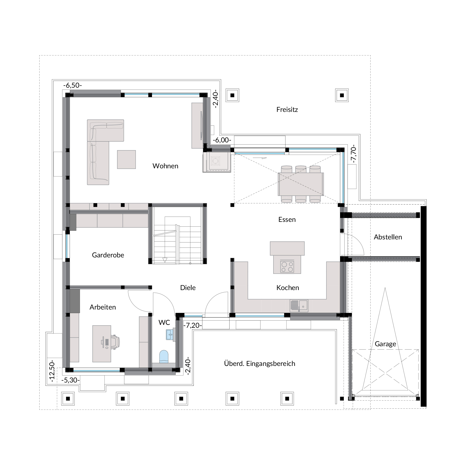 Modernes Designhaus mit Flachdach und Grundriss Grundriss eines modernen Designhauses mit Wohn-, Ess- und Arbeitszimmer