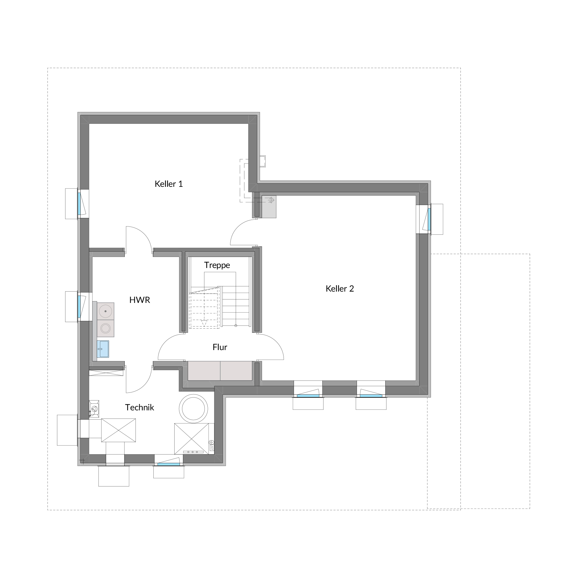 Moderne Flachdach Grundriss für Designhaus Grundriss eines modernen Designhauses mit Kellerräumen und Treppe.