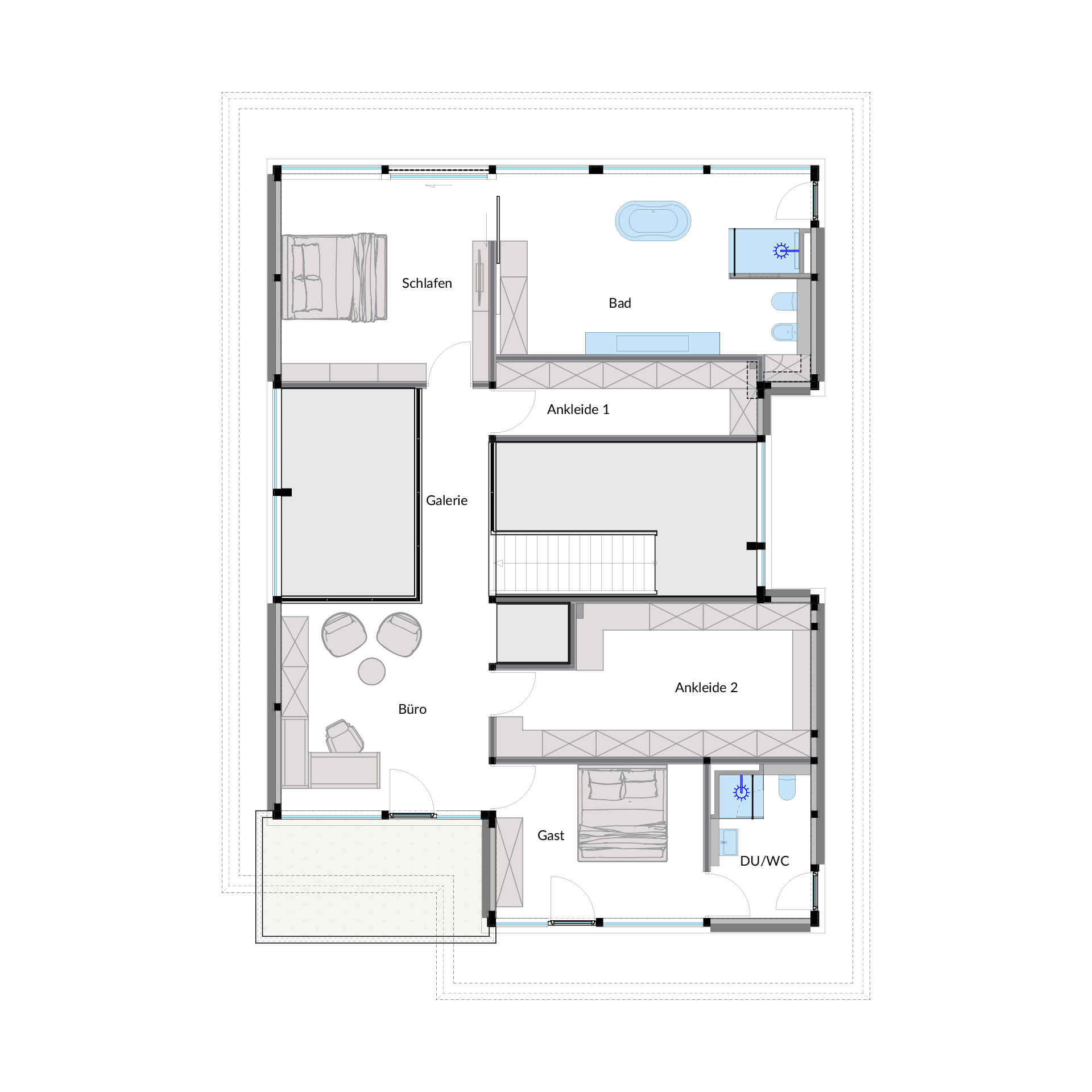 Architektenhaus Grundriss Visualisierung Modernes Architektenhaus mit Schlafzimmer, Büro und Badezimmer