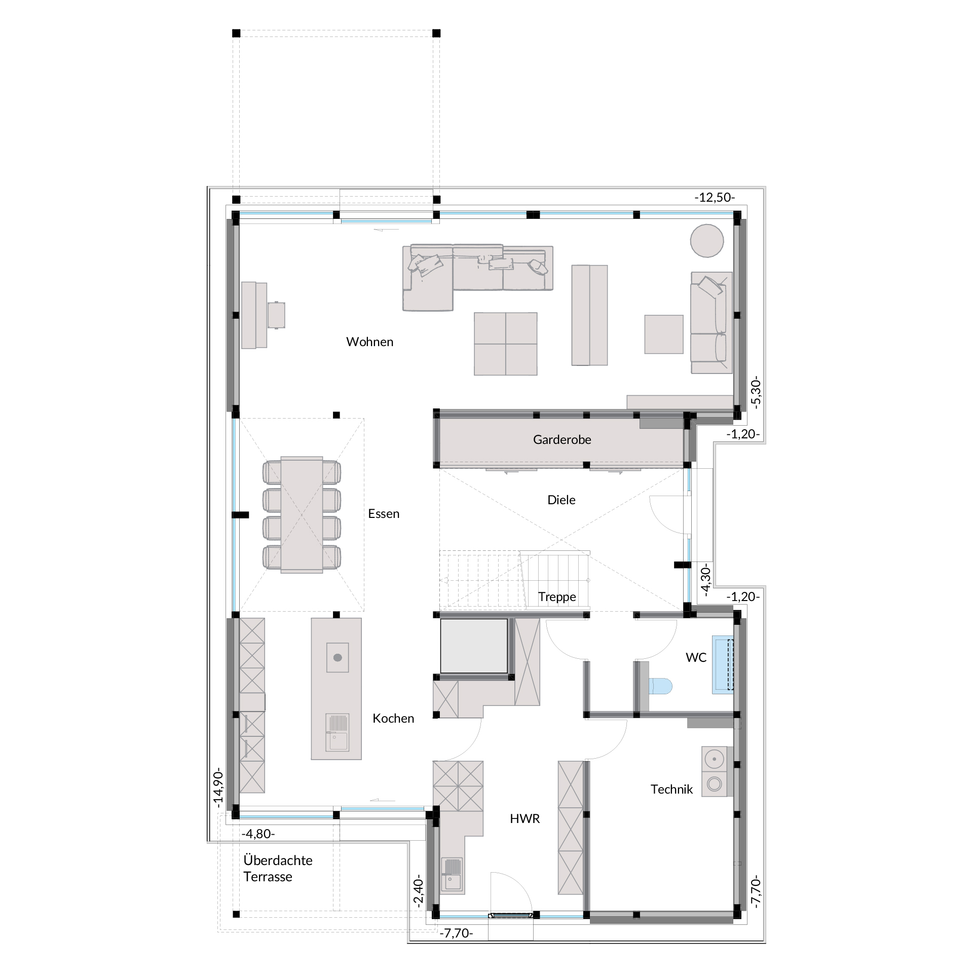 Architektenhaus: Grundriss eines Traumhauses Visualisierung eines modernen Architekturhauses mit Raumaufteilung