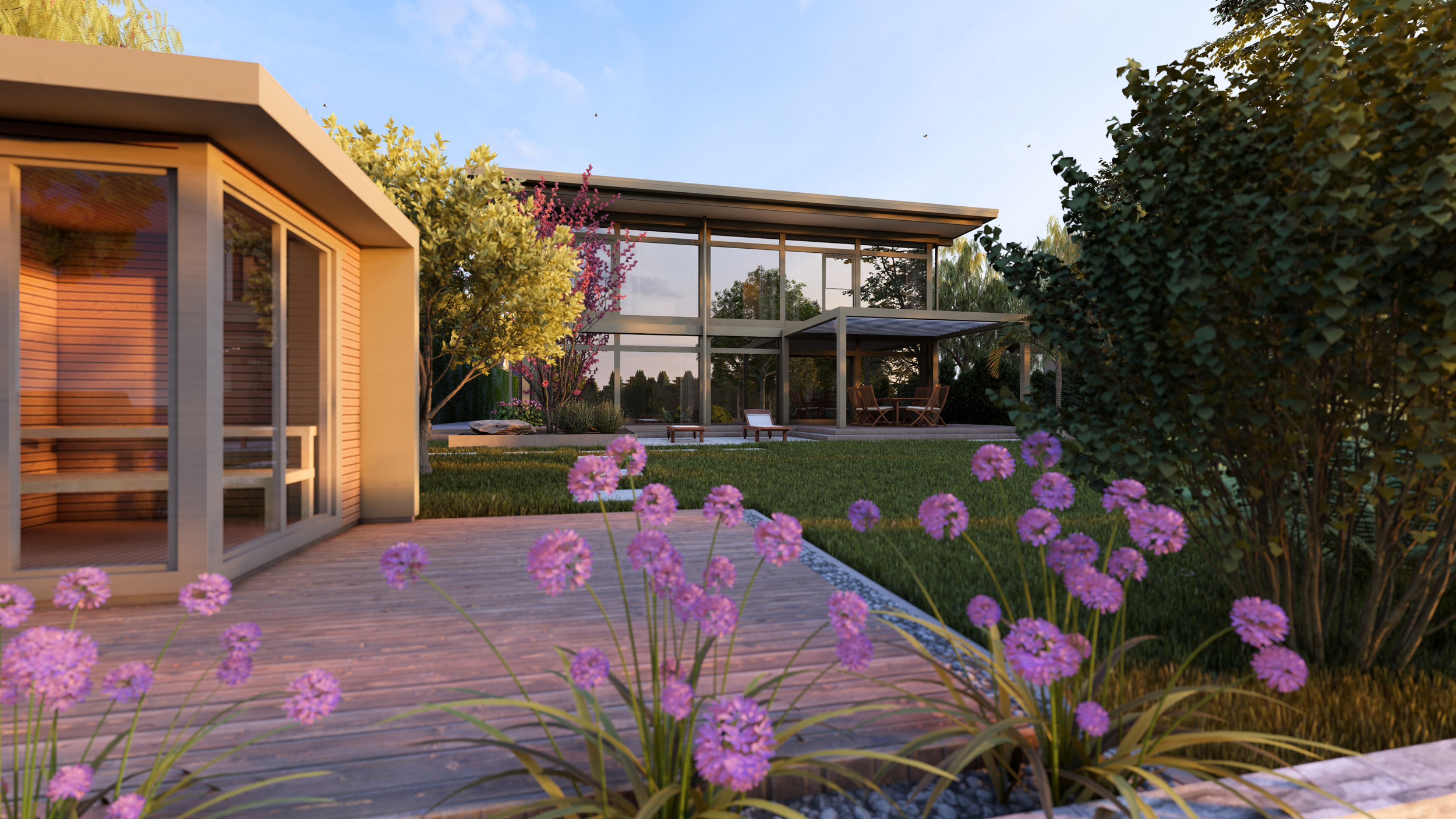 Moderne Architektur eines Traumhauses mit Garten Visualisierung eines Architektenhauses umgeben von Blumen und Natur
